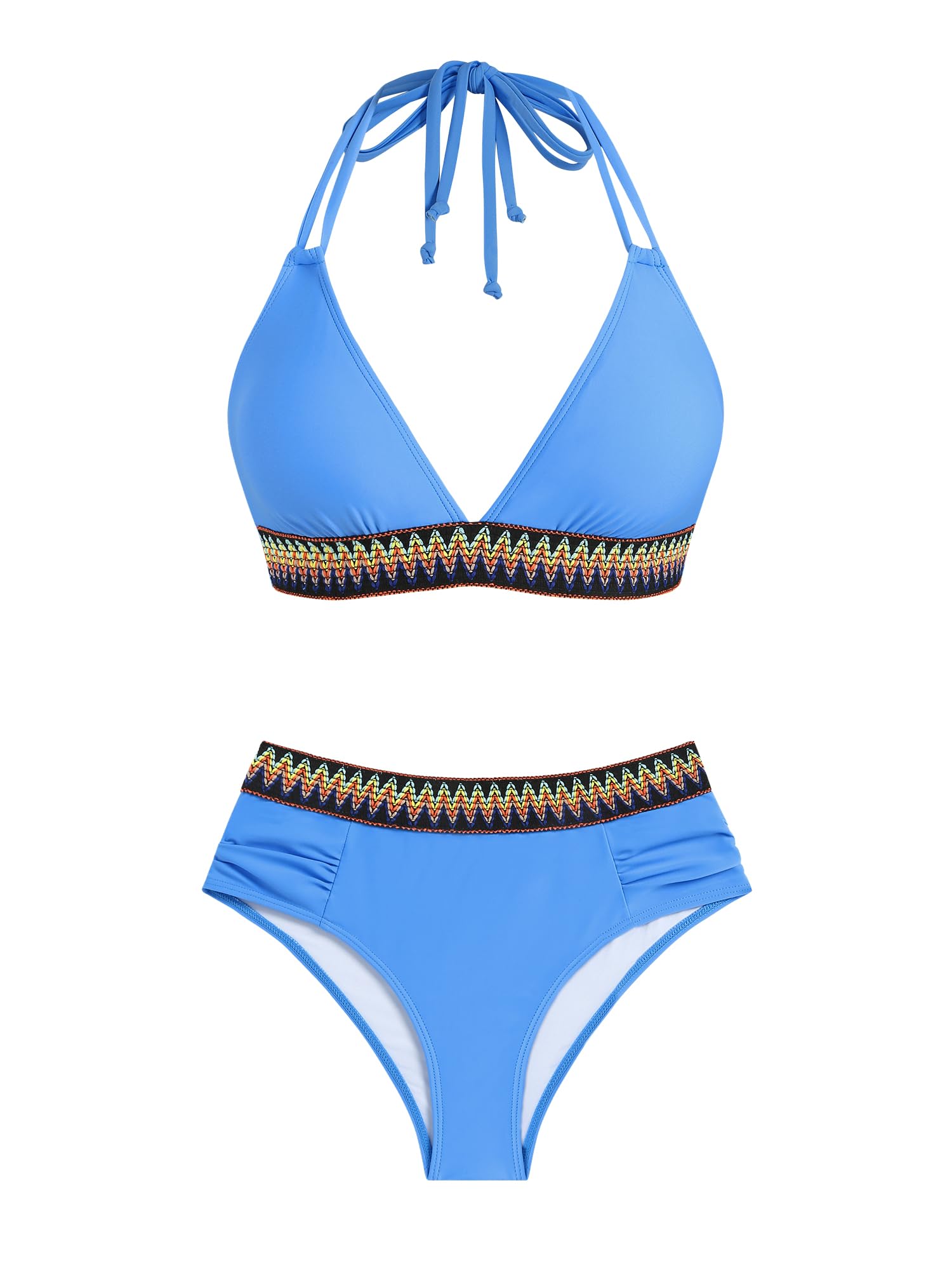 ZAFUL Women Halter V Neck Bikini Sets 2 Piece High Waisted Color Block Bathing Suits Swimsuit