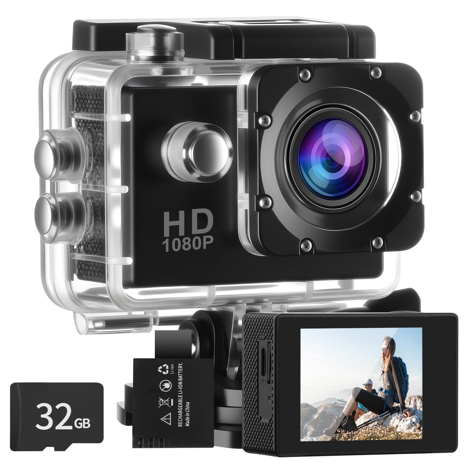 Aolso Caméra Sport 1080P FHD, Etanche 30M Caméra d'action Grand Angle, Action Cam 30FPS avec Écran LCD de 2 Pouces, 140° Camérasous, Incluse Carte SD 32GB et Rechargeables Batteries 900mAh
