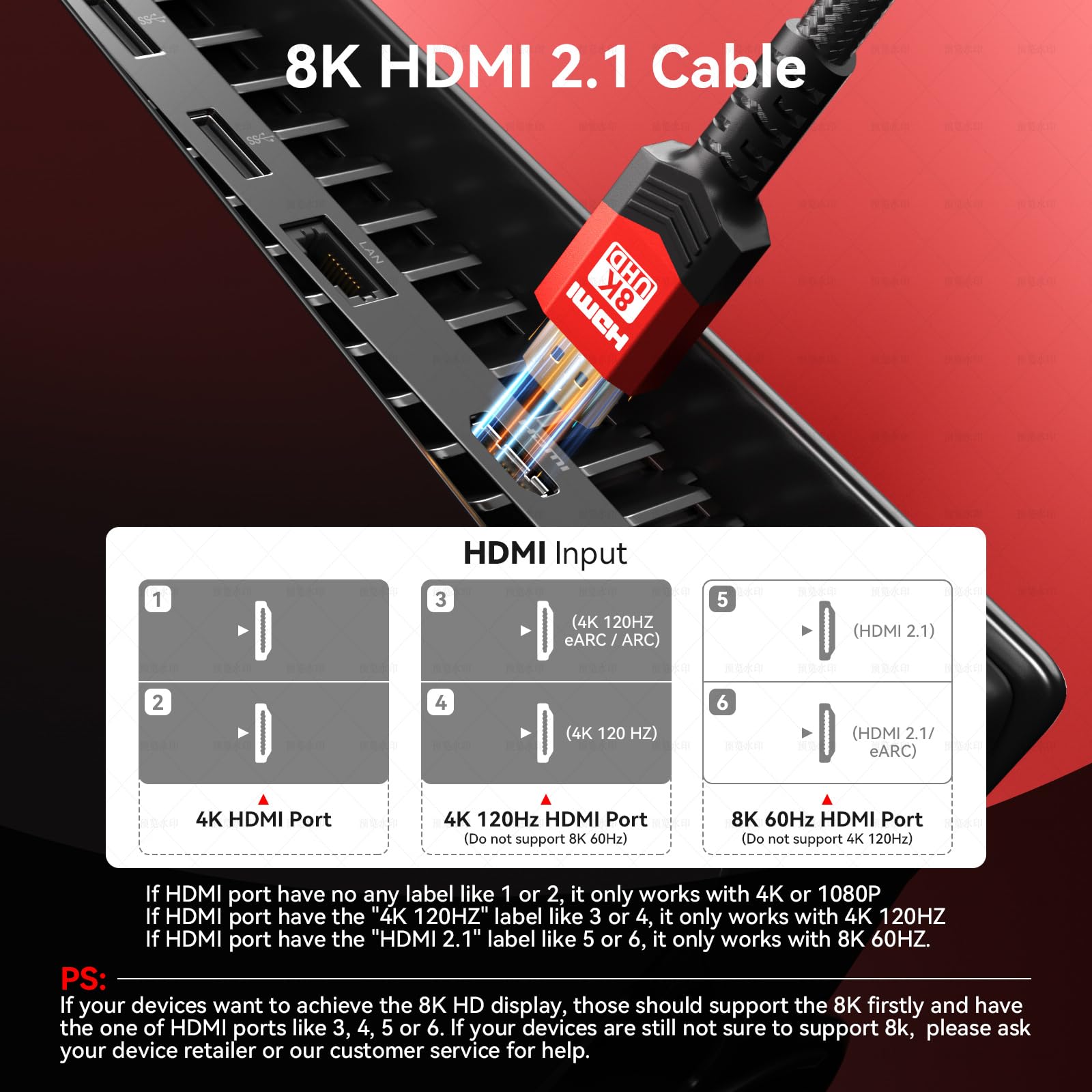 8K HDMI 2.1 Kabel, 6,8 m, 48 Gbit/s, Ultra High Speed geflochtenes Gaming-Kabel, unterstützt 10K 8K @ 60Hz 4K @ 120Hz/144Hz HDCP 2.2&2.3 eARC DTS:X HDR10 VRR kompatibel für RTX 5090/PS5
