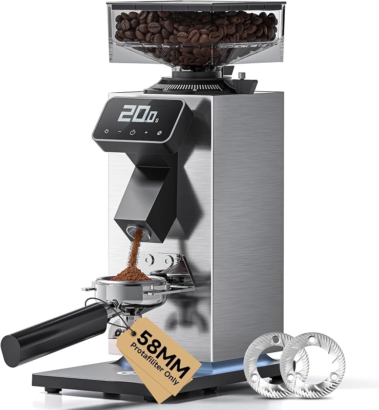 AMZCHEF 64mm Flat Burr Coffee Grinder, Commercial Grade Espresso Bean Grinder, 90 Settings, All-Metal Chamber, Anti-Static, LED Timer, DC Motor, Stainless Steel Body, Electric, Easy Clean | All-Metal Chamber, Anti-Static Tech, Simple to Clean, 90 Precise Settings, Stainless Steel Housing for Rock-solid stability