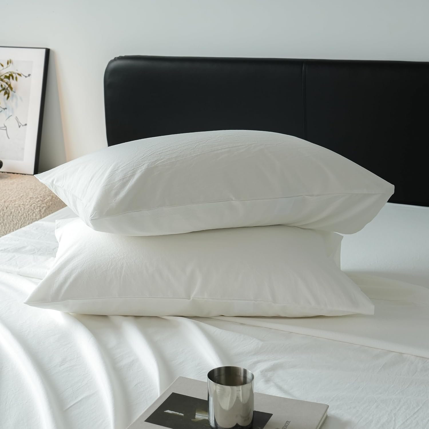 FALUCA 100% Cotton Washed Sheet Set - Linen Feel Soft & Comfy Bedding, Deep Pocket Fits Mattress up to 17", 4 PCS Breathable Moisture-Wicking Durable Sheet Set(White, Queen)