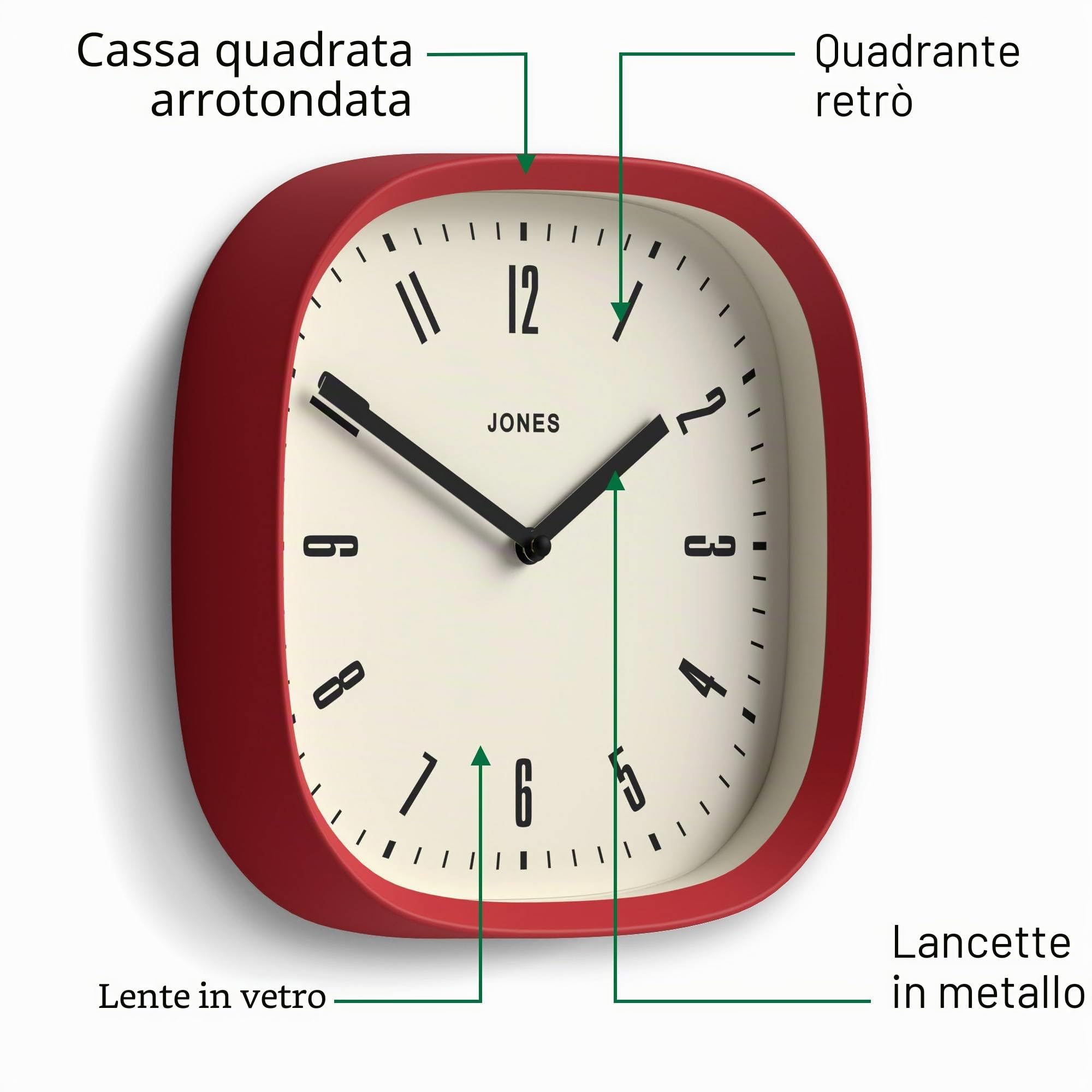 Jones Clocks® Marvel Orologio a parete | Orologio quadrato moderno retro arrotondato | 25cm | Rosso | Look di design interessante per cucina, soggiorno o ufficio
