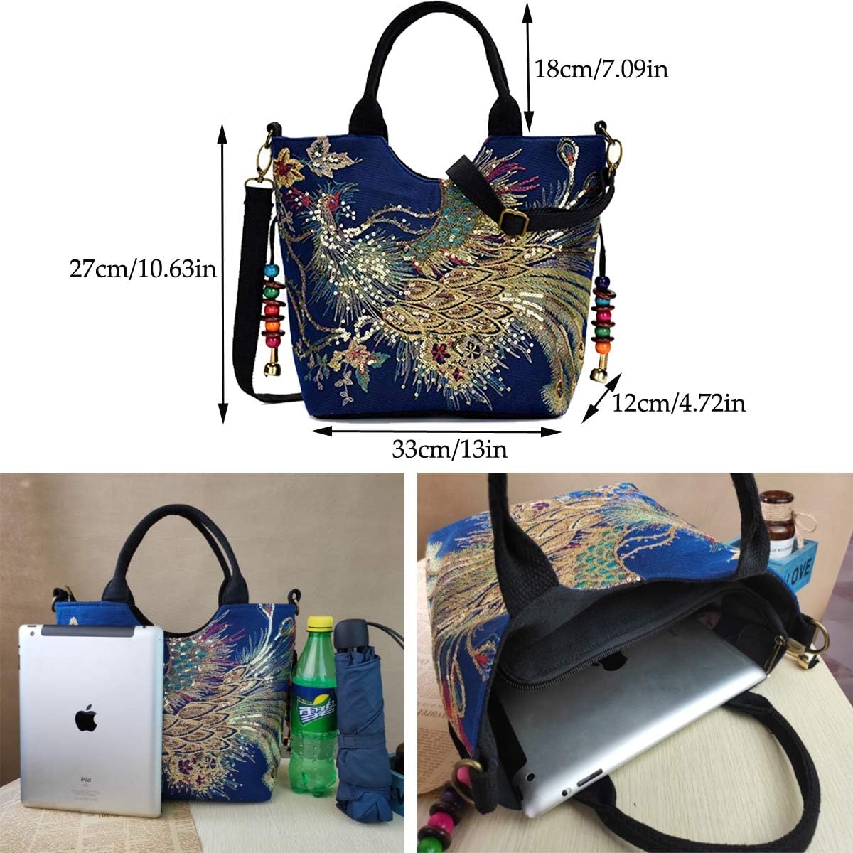 Women Vintage Sequins Peacock Handbag - Ethnic Embroidery with Pendants - Image 3