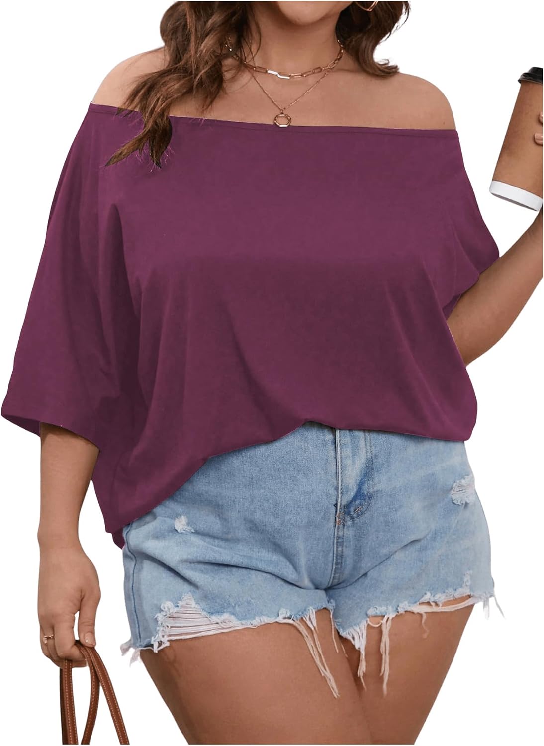 Women's Plus Size Off The Shoulder Casual Tee Top Summer Solid Dolman Short Sleeve Trendy T Shirt - Image 2