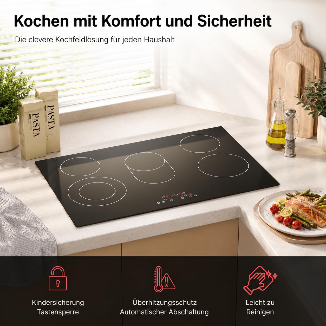 Glaskeramikkochfeld 77cm, Glaskeramikkochfeld 5 zonen,elektrokochfeld 5 platten, Warmhaltefunktion, Flexzone, Autark, Rahmenlos, Touch-Bedienung
