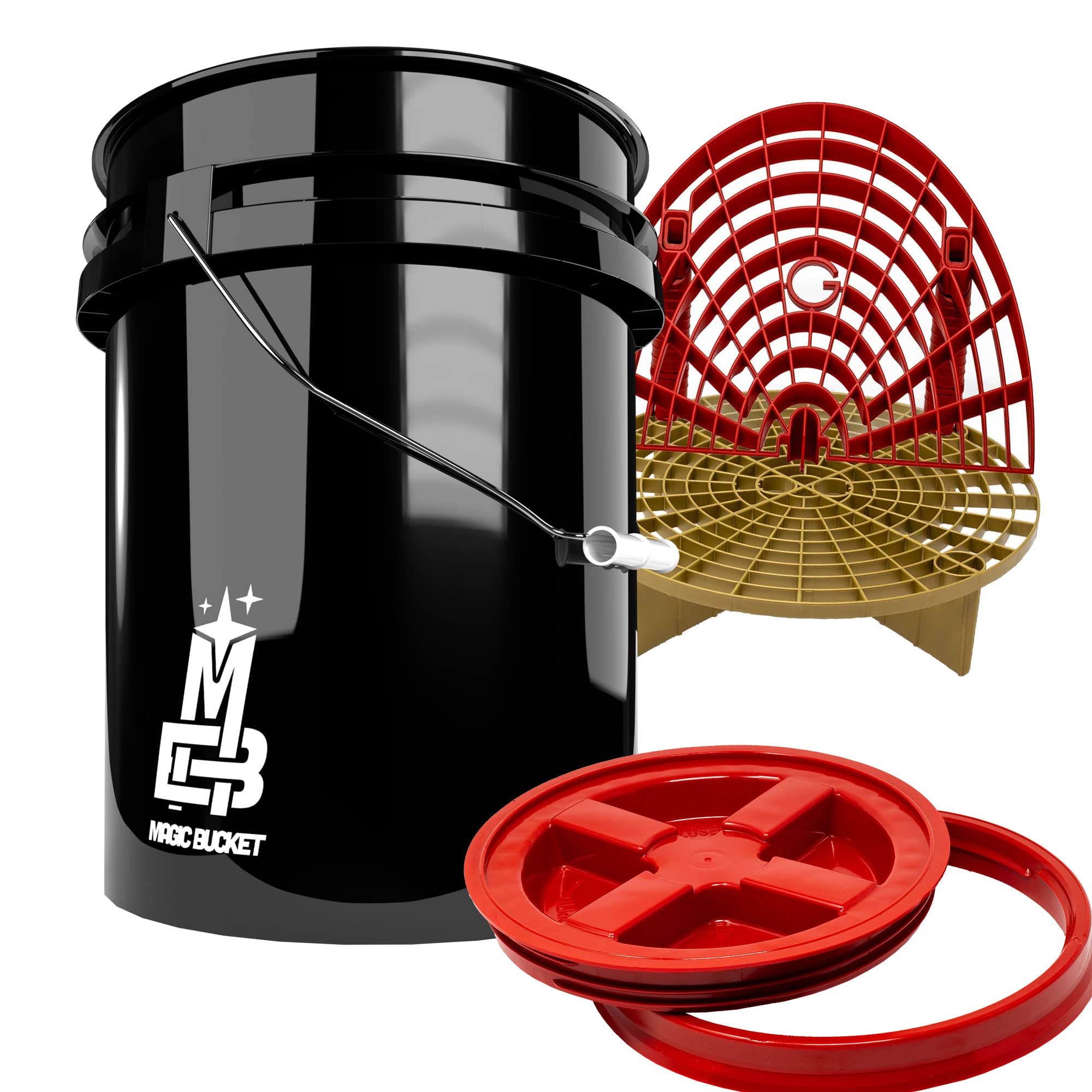 Detailmate professionelles Wasch Eimer Set: Magic Bucket Wascheimer 5 GAL (ca. 20 Liter), Gamma Seal Eimerdeckel rot, GritGuard Schmutz Einsatz Gold, GritGuard Washboard rot
