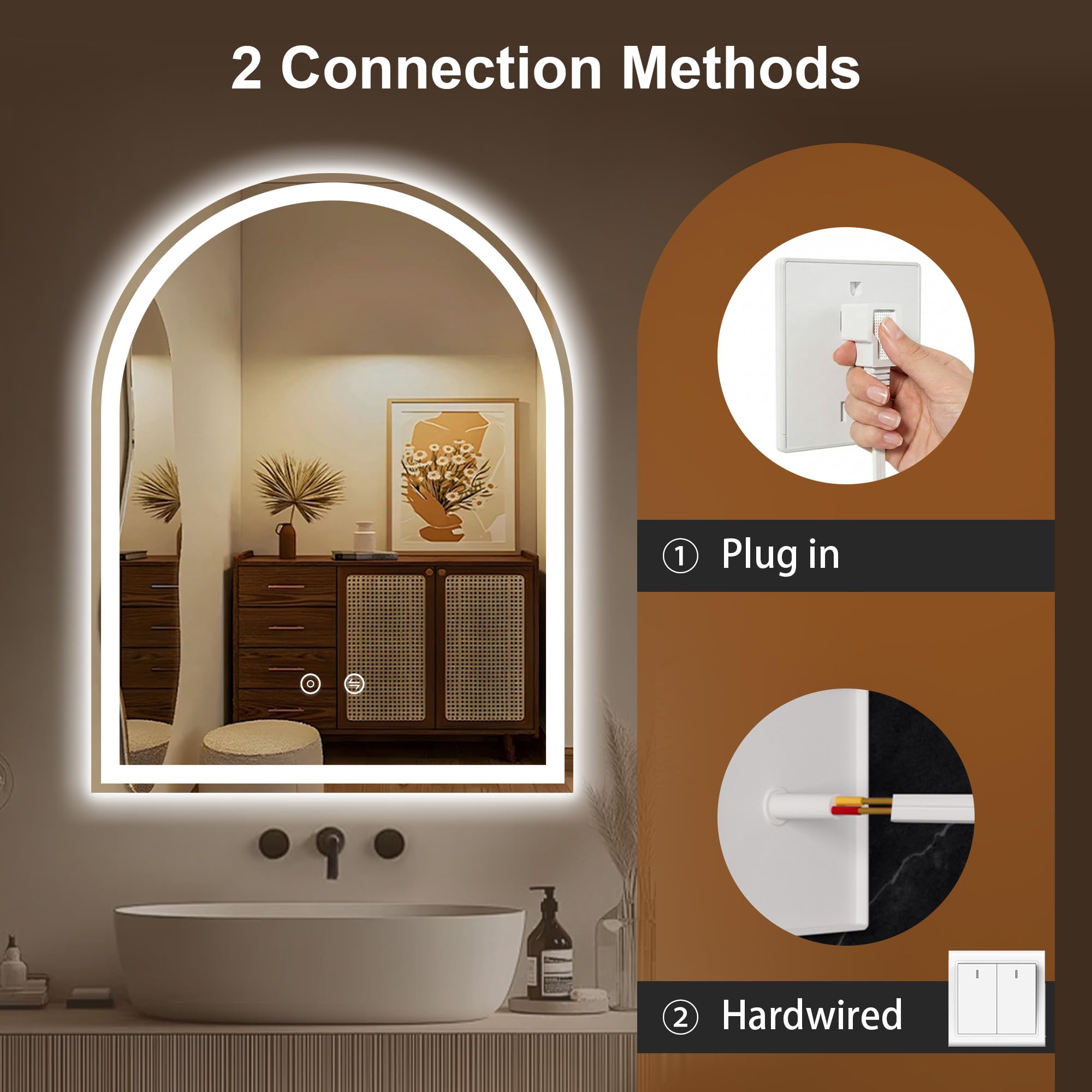 Specchio da bagno ad arco con luci LED, 71,1 x 91,4 cm, specchio da bagno illuminato | Anti-appannamento, dimmerabile in 3 colori, retroilluminato + frontale, vetro temperato infrangibile HD, funzione di memoria