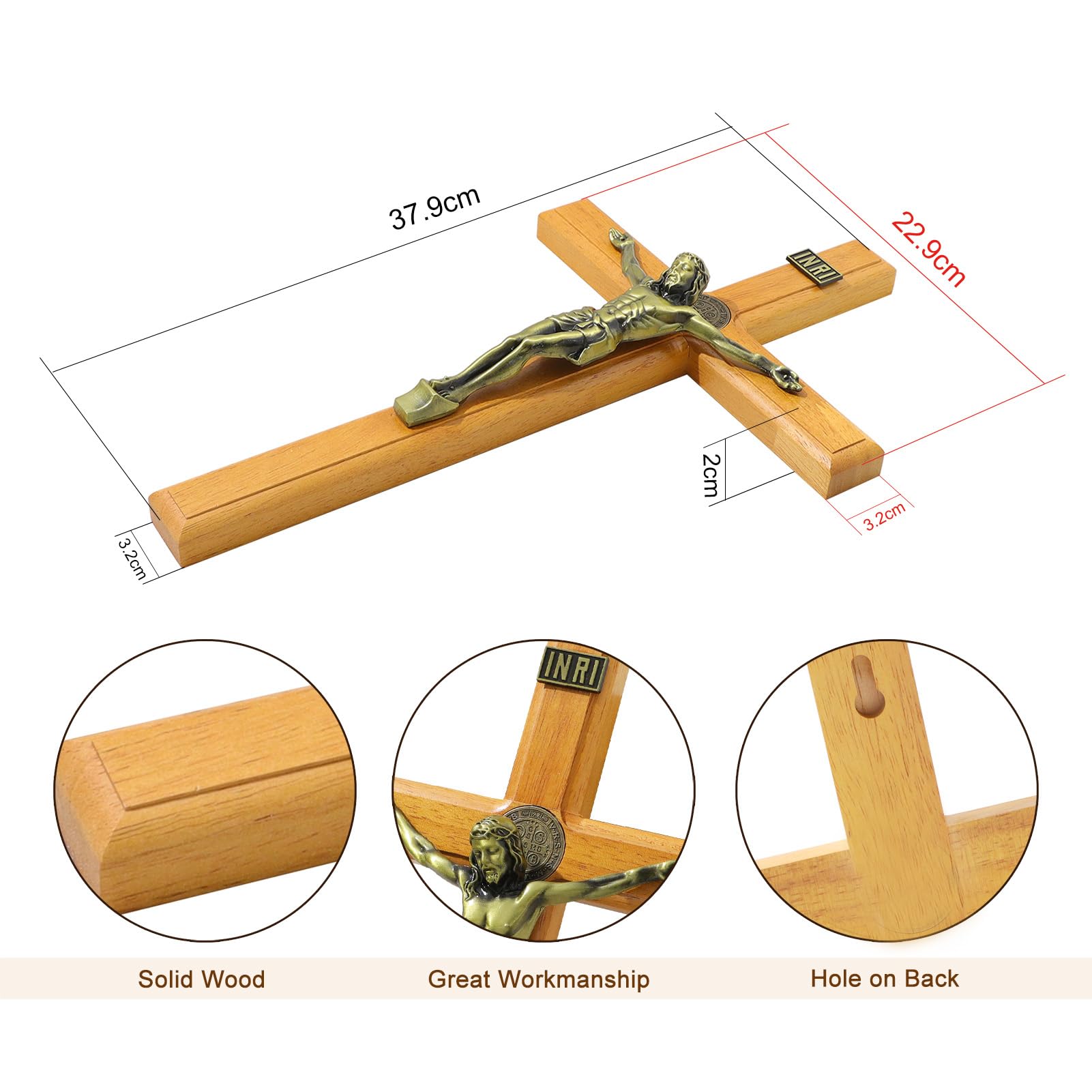 KOMI 15 Inch Large Crucifix Wall Cross for Home Wall Decor Handmade Wooden Cross Jesus Crucifix Wall Hanging Decor Catholic Religious Gifts for Men Women