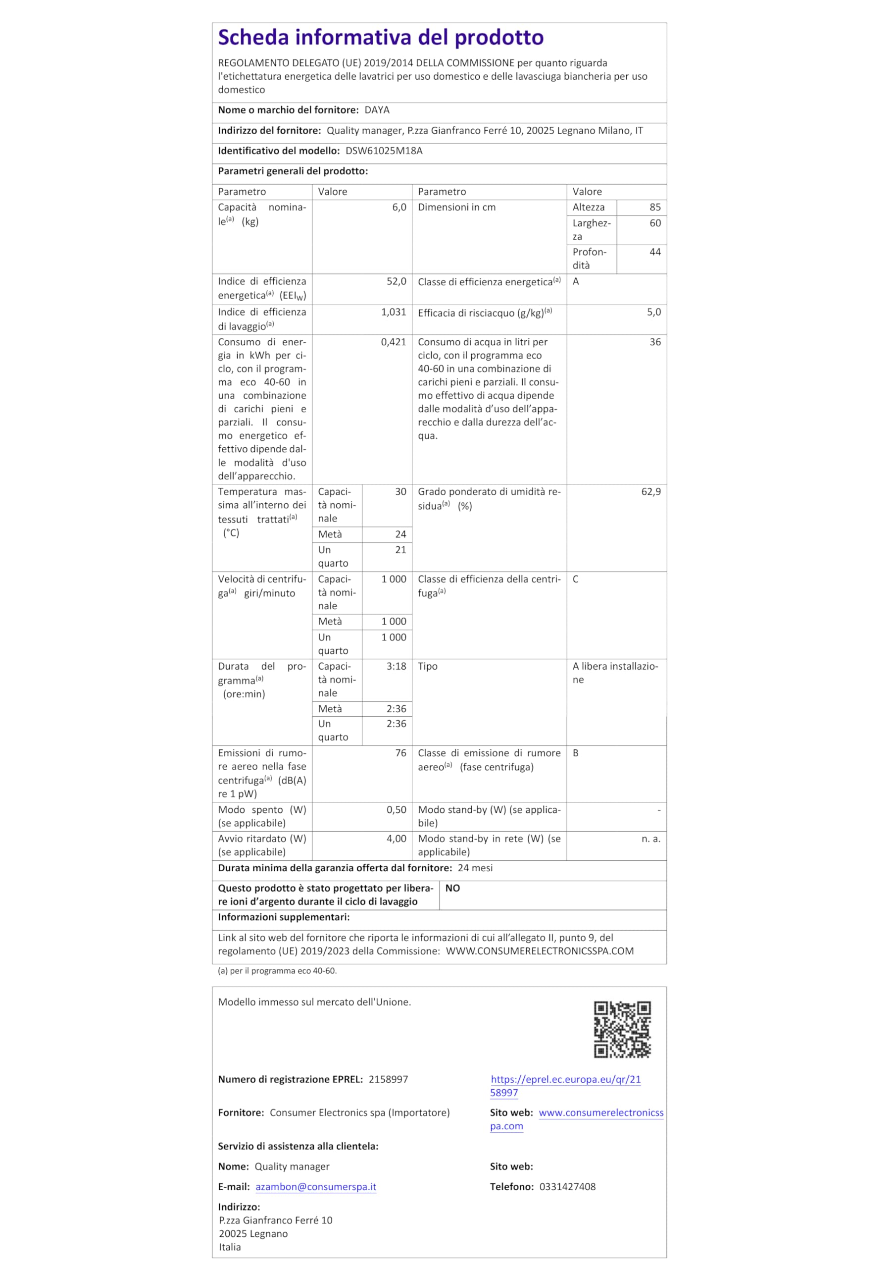 Lavatrice Daya DSW61025M18A, 6 kg, 1000 giri/min, Motore BLDC Inverter, Classe A, Programma Vapore, Risciacquo+, Weight Sensing, Programma Rapido, Profondità Slim 44 cm