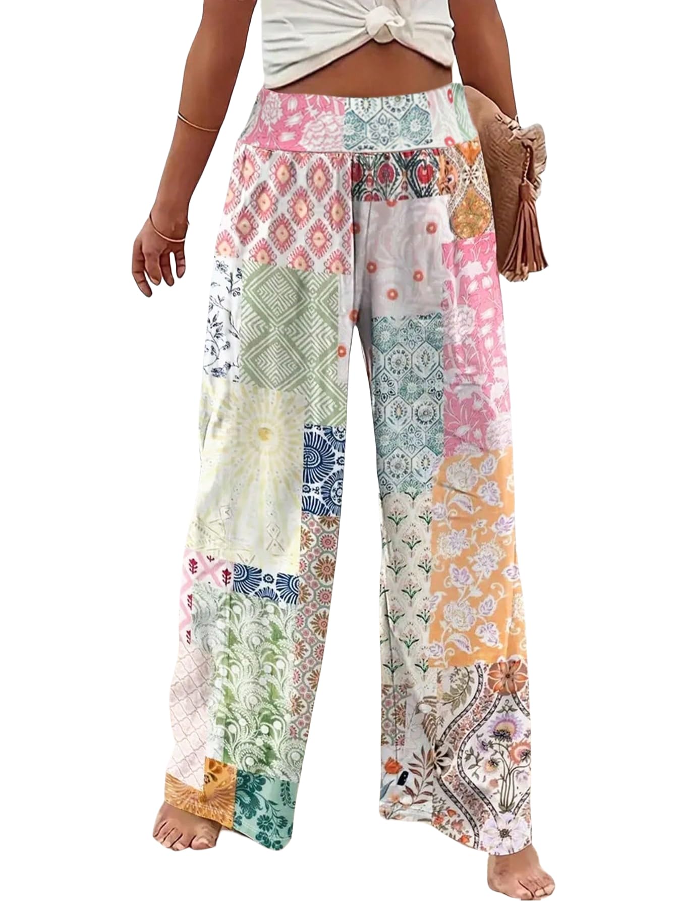 QJQ Womens Patchwork Boho Pants High Waisted Wide Leg Pants Graphic Colorblock Pant