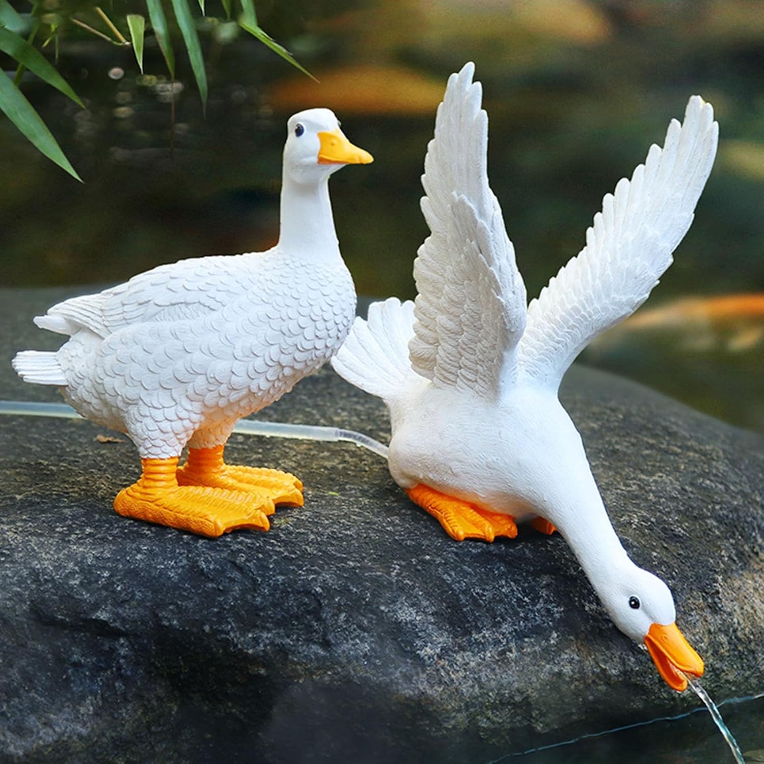 A Pair Duck Shape Spitters for Small Ponds,Animal Pond Fountains,Pond Water Spitter,Fish Tank Automatic Circulation Water, Polyresin Waterscape Sculpture