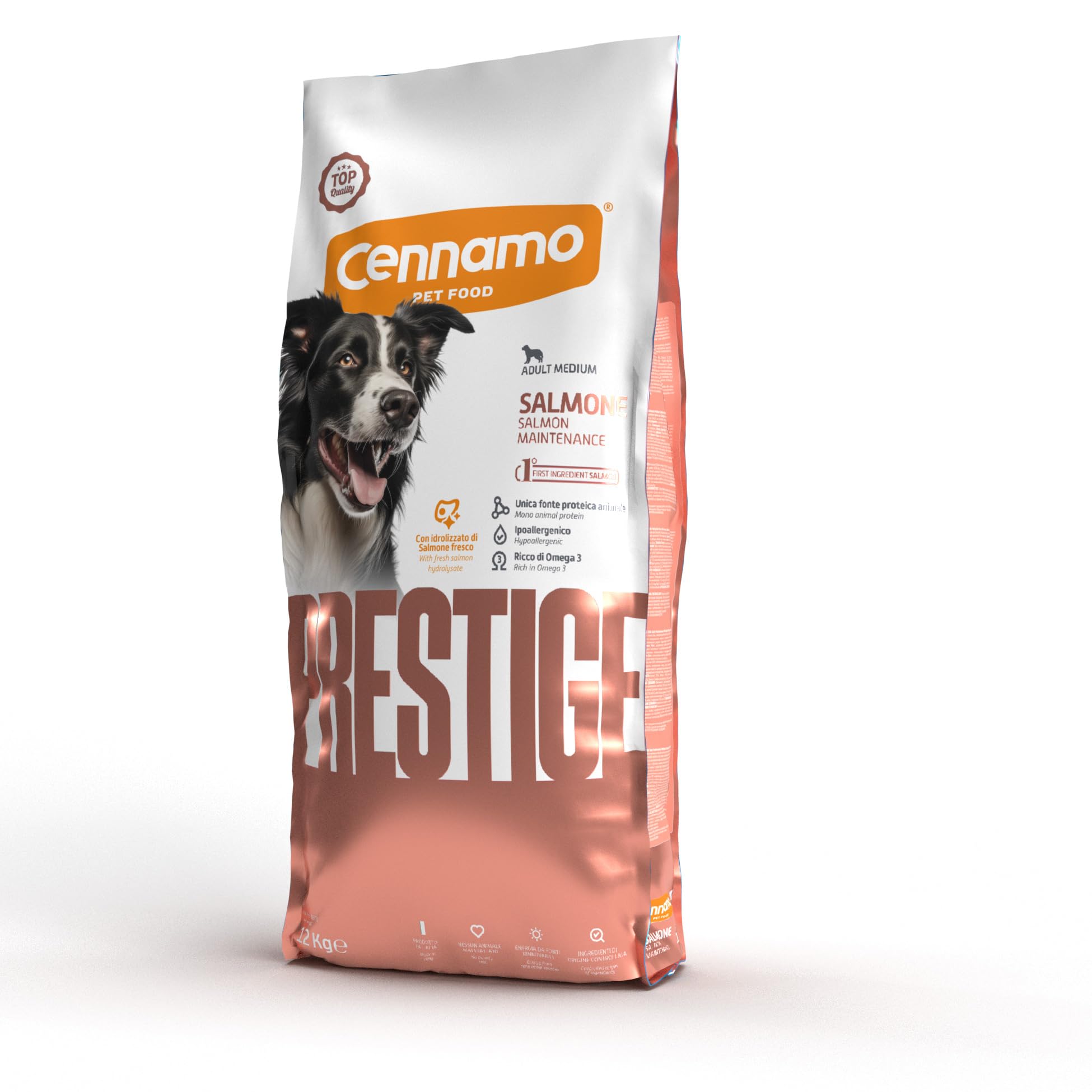 CENNAMO PRESTIGE DOG Adult Maintenance Medium Salmone 12Kg con riso e tapioca. Alimento di alta qualità completo e bilanciato per cani adulti di taglia media.