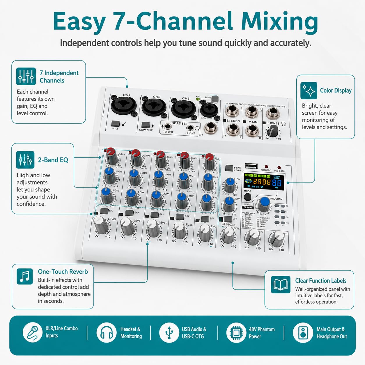 Mixer audio Bluetooth a 7 canali, mixer professionale con interfaccia audio USB, mixer con 88 tipi di DSP e 48 V CC, mixer per spettacoli palcoscenici, studi di registrazione, spettacoli DJ