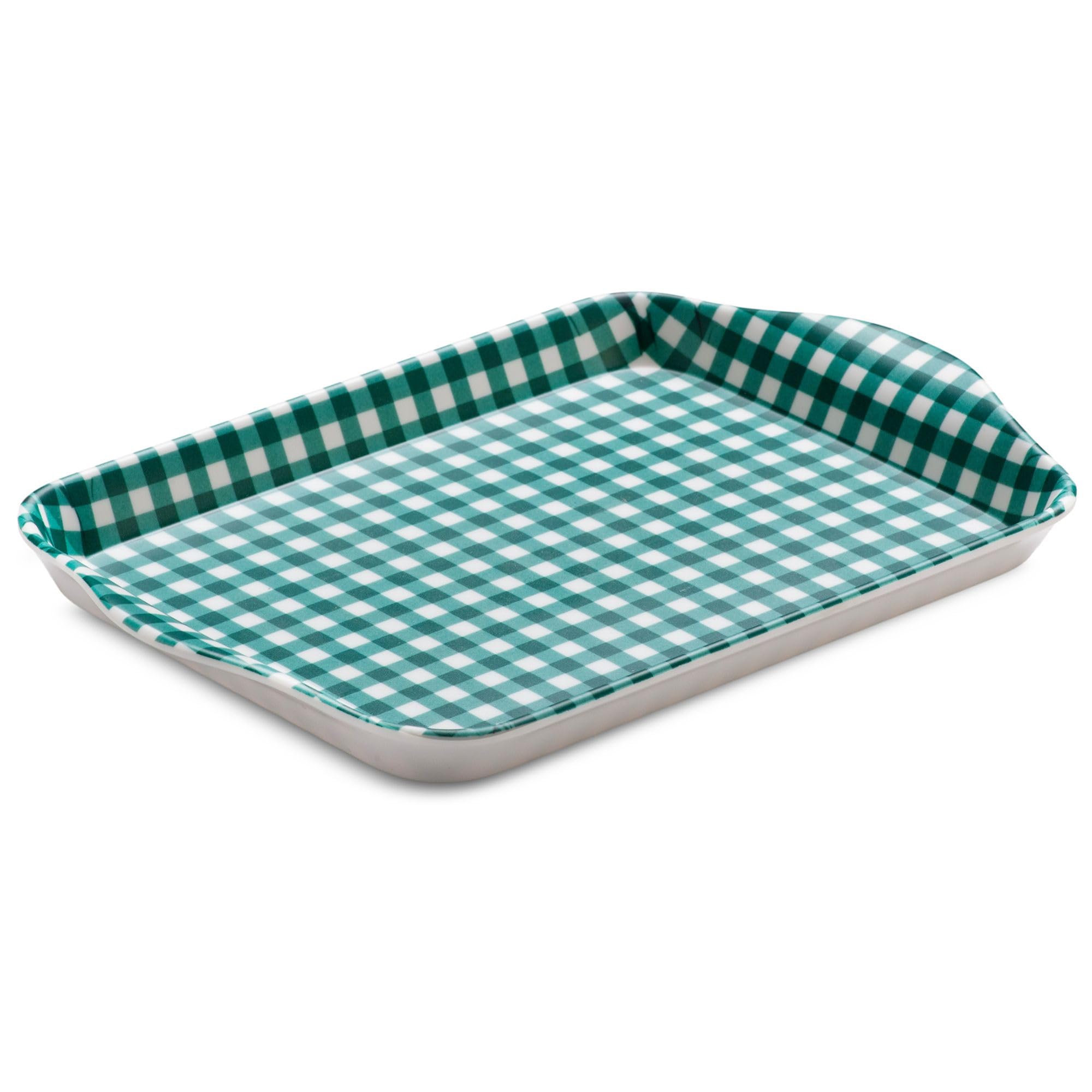 Zeal Mini Serving Tray, Small Melamine Tea & Coffee Tray, Gingham Pattern Snack & Drinks Tray with Raised Handles, BPA Free, 18 x 14cm (Forest Green)