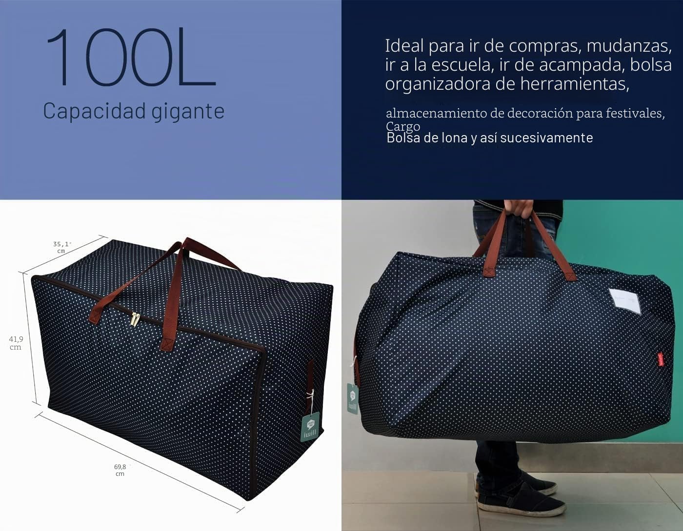 Pack de 2 bolsas de viaje de gran tamaño, bolsas grandes para el viaje, Punto azul