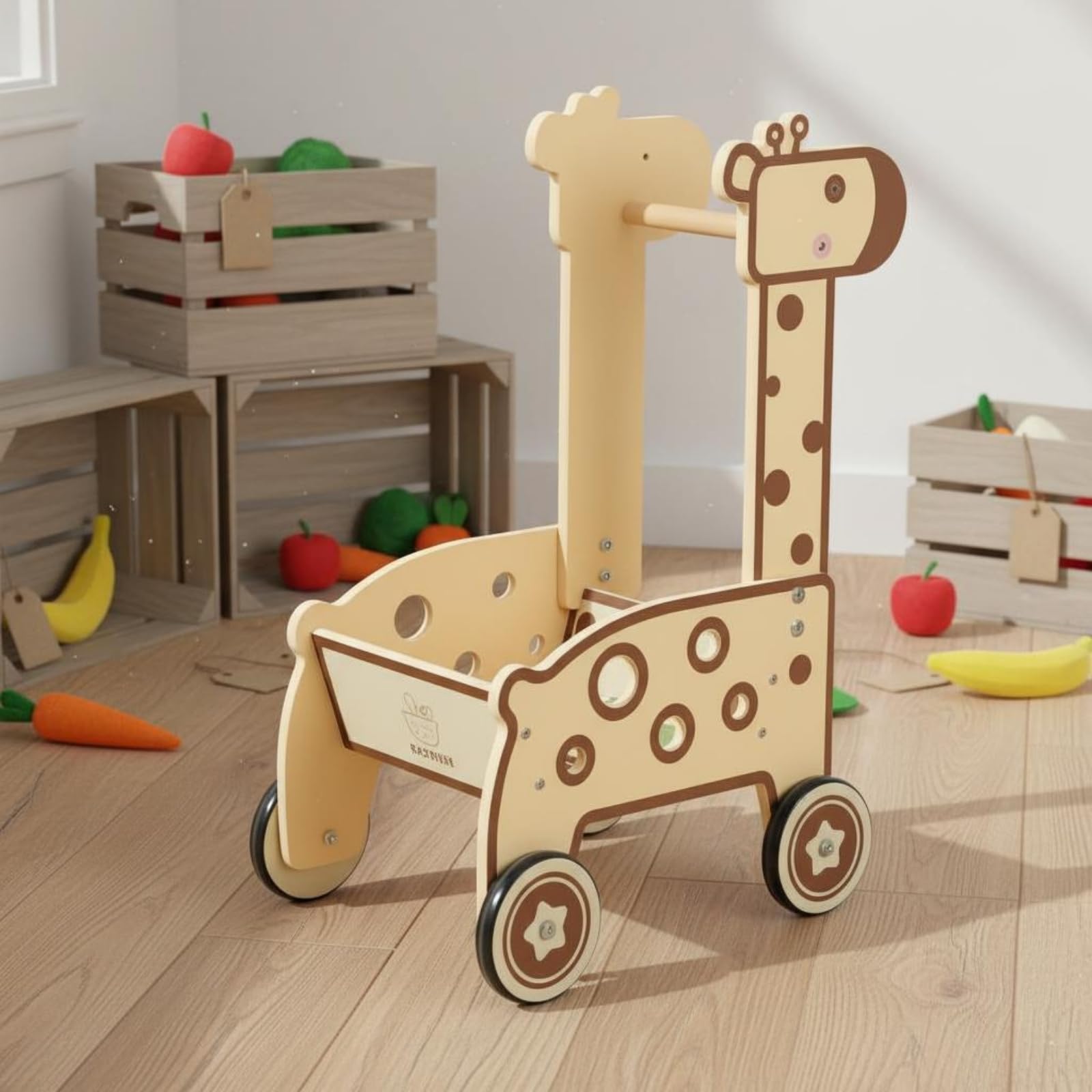 Harilla Kinder Einkaufswagen Spielzeug Holz Einkaufswagen Kinderwagen Rollwagen mit Holzrahmen Pushgriff Offener Ablage Und Seitenschlitzen für Rollenspiel Laden Alltag, Rosa Einkaufswagen