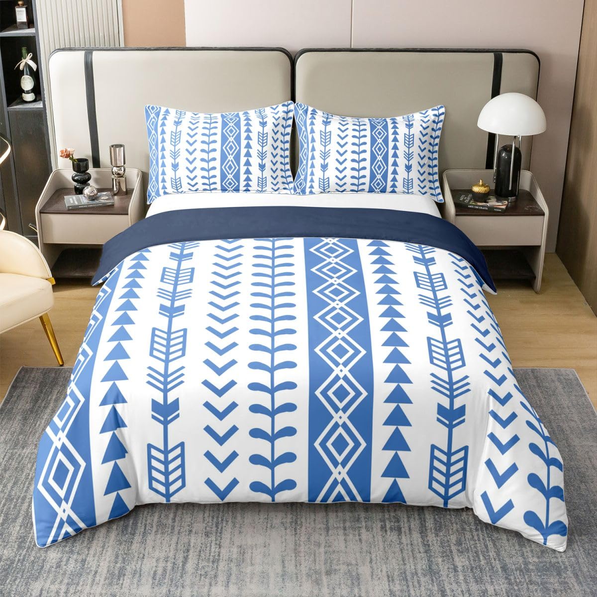 Homewish Boho Arrow poszewka na kołdrę podwójna z 2 poszewkami na poduszki - niebieski zachodni aztecki zestaw pościeli bawełna południowo-zachodnia rdzenna czeska poszewka na kołdrę rustykalne