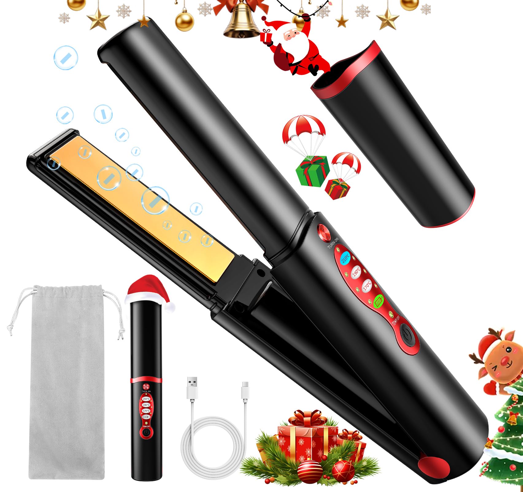 Piastra per capelli in titanio senza fili, mini ferro piatto portatile USB ricaricabile a calore rapido con batteria 5 V/5000 mAh, anti-scottatura a 3 livelli per capelli lisci e lucidi (nero)