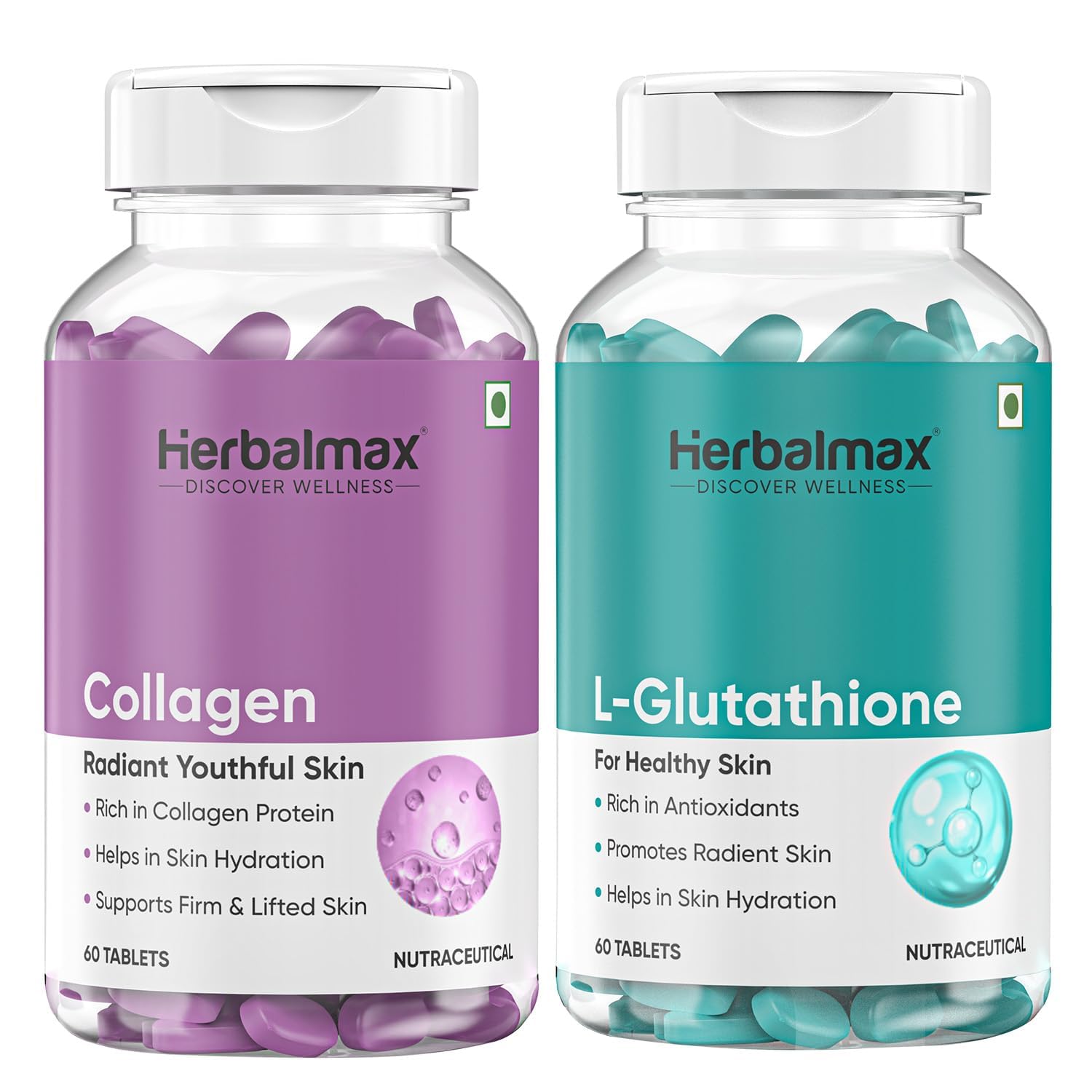Herbal Max Collagen & Glutathione Combo | With Vitamin C & Peptides | Supports Anti-Aging, Skin Clarity, Collagen Boost, Joint & Bone Health, Antioxidant Protection 120 Tablets (60+60)