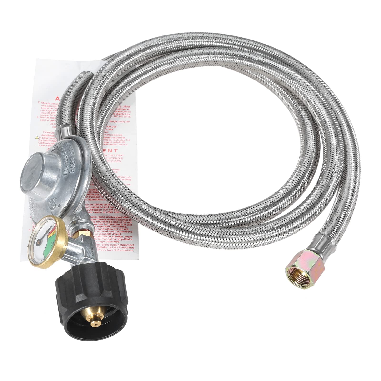 NOBRIM Propanregler und Schlauchanschluss-Set, 1,52 m Langer, geflochtener Propanreglerschlauch aus Edelstahl mit Manometer für Gasgrill-Terrassenbrenner