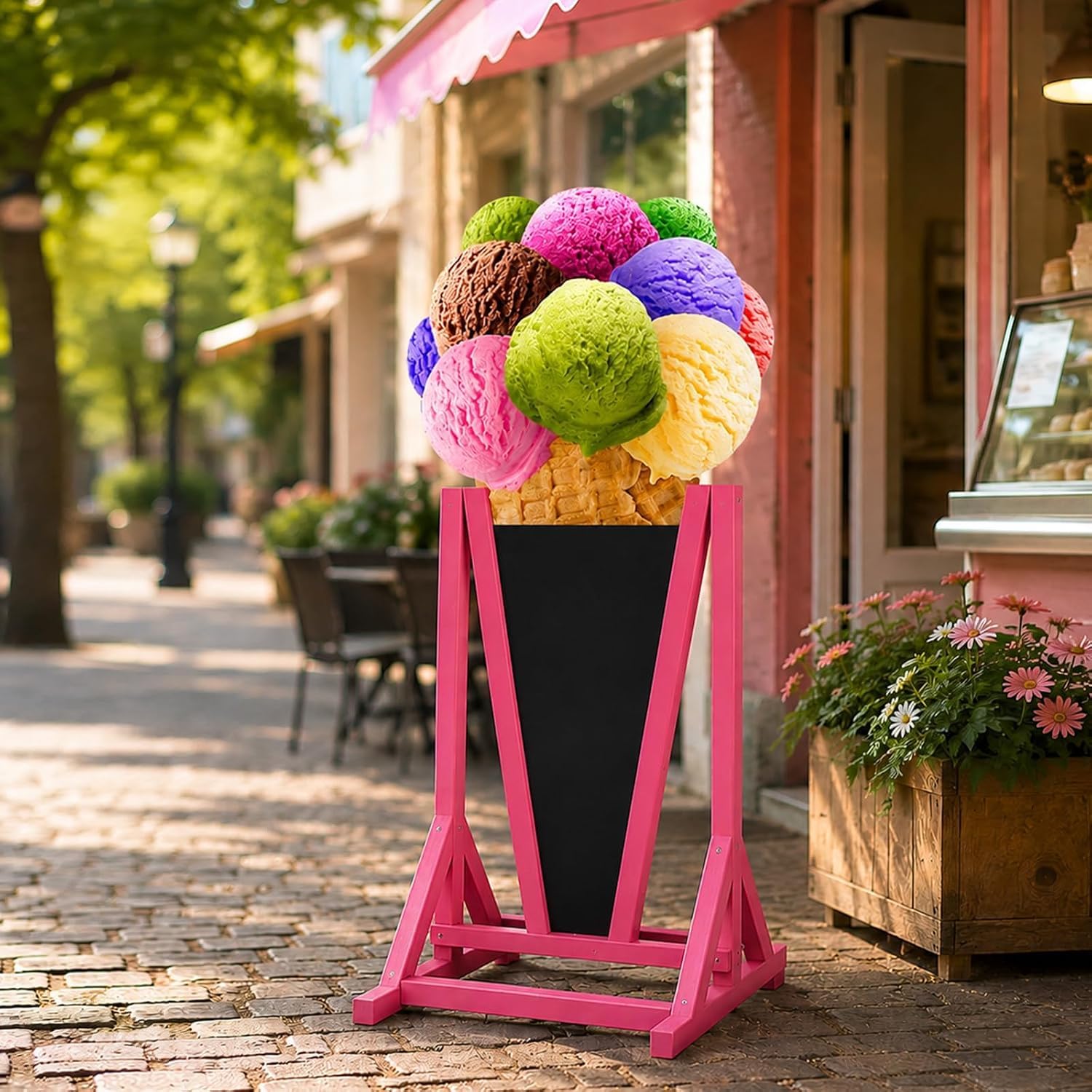Doppelseitiger Werbeaufsteller 154 x 74 cm, wetterfest, mit Kreidetafel, Holzkonstruktion in Pink oder Braun, 16 Motive für Eisdiele, Pizzeria, Café und Gastronomie (Braun, 9. Pizza Margherita)