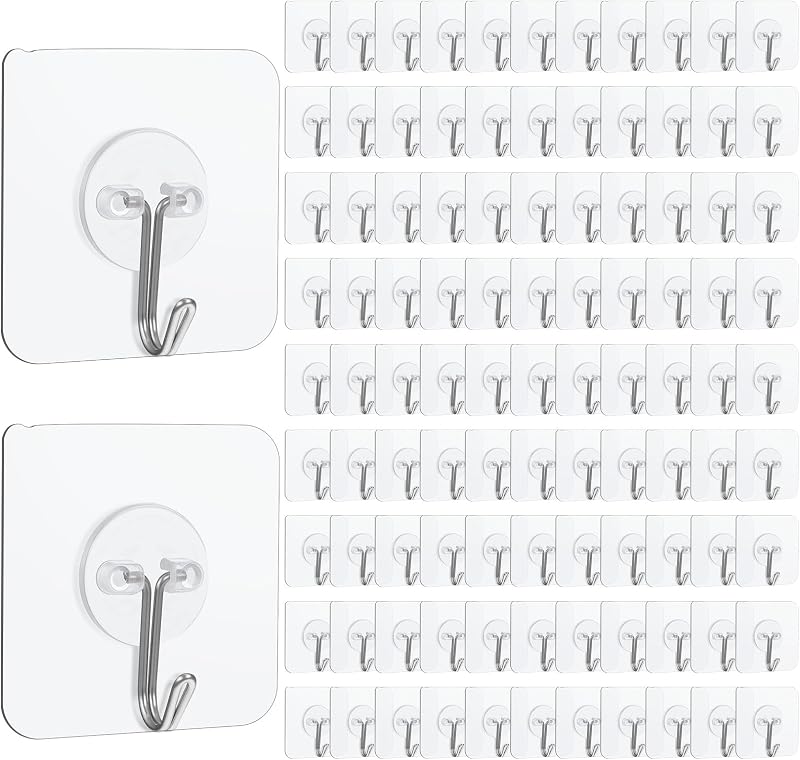 200 Pack Adhesive Wall Hooks 24lb(Max) Self Adhesive Hooks Heavy Duty,Transparent Reusable Wall for Hanging for Kitchens, Bathroom, Office
