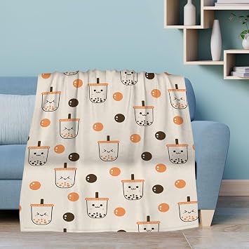 Boba Blanket Cartoon Happy Milk Tea Beige Colorful Dots Throw Blanket, Luxury Soft, Plush, Fluffy, Warm, Cozy Fleece Blanket, Throw Bed Blanket for Couch, Sofa, Home Decor, Gift 60"x50"