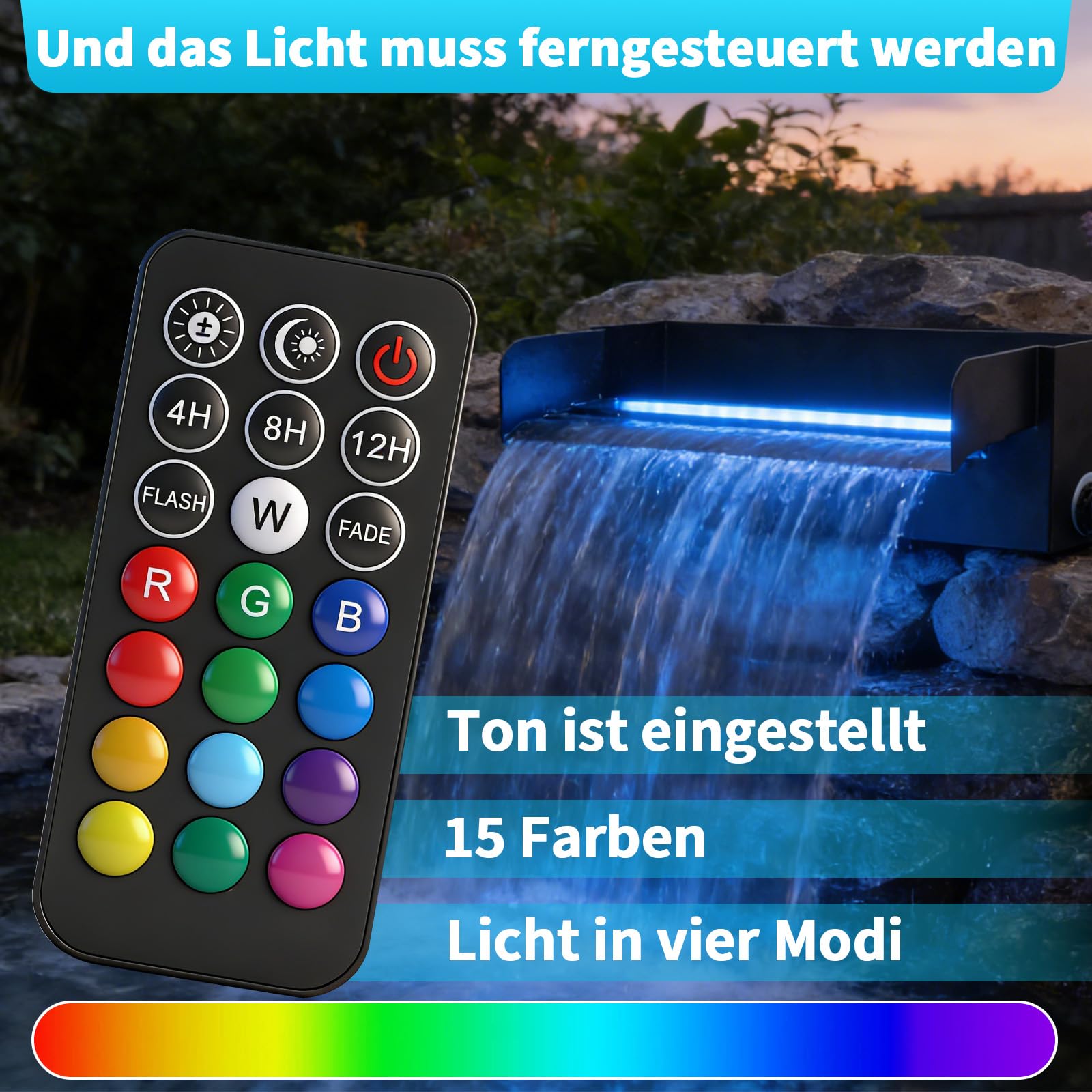 12'' Pool Wasserfall Spillway mit 45W Pumpe 3000L/H Edelstahl-Teichbrunnen, Bunte LED beleuchtete Outdoor-Springbrunnen, Wasserfluss Spillway Set 30cm für Koiteich, Schwimmbad, Garten