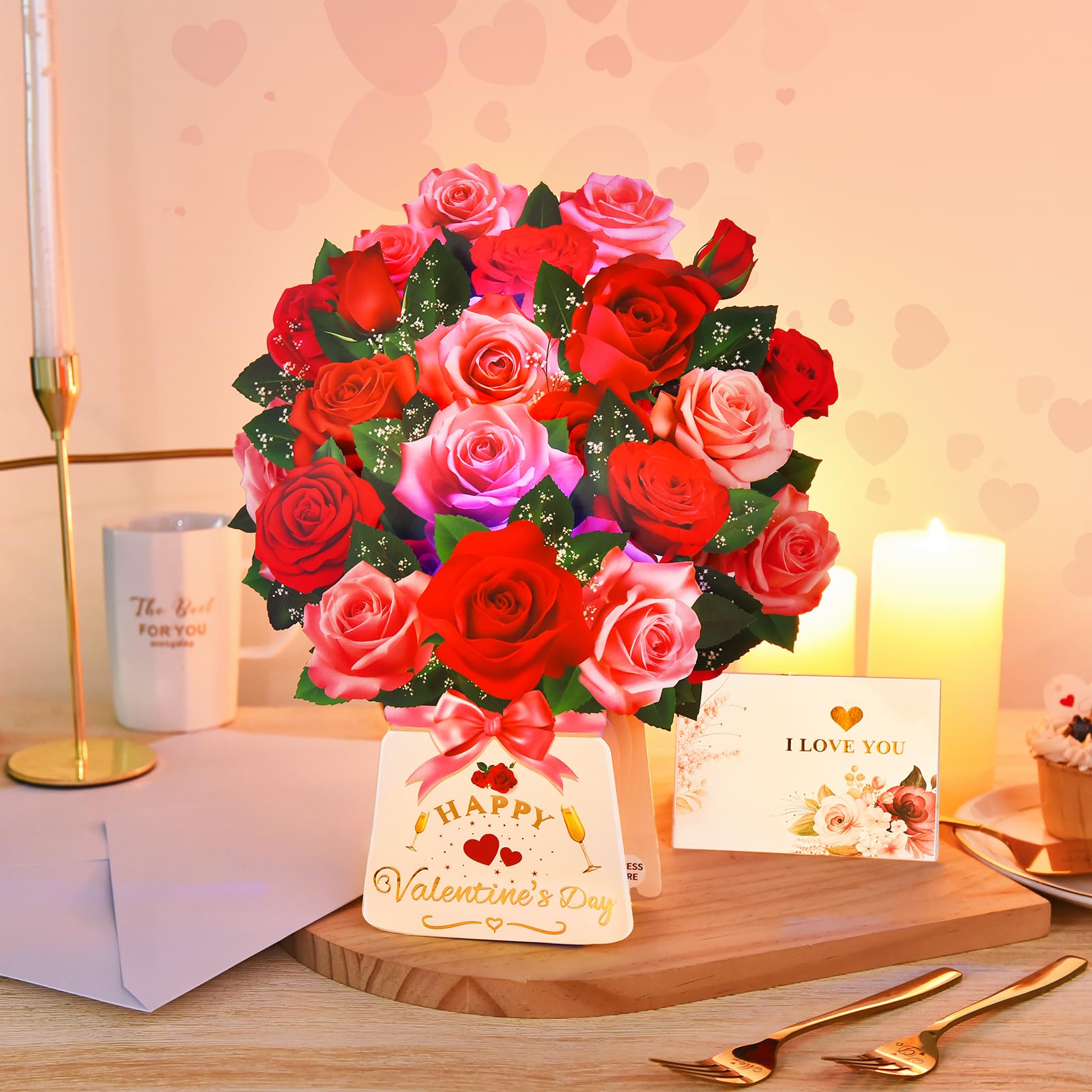 Tarjeta de felicitación desplegable para el día de San Valentín con luz y música, ramo de rosas 3D de papel de 12 pulgadas con sobre, tarjetas de feliz día de San Valentín para esposa, tarjeta