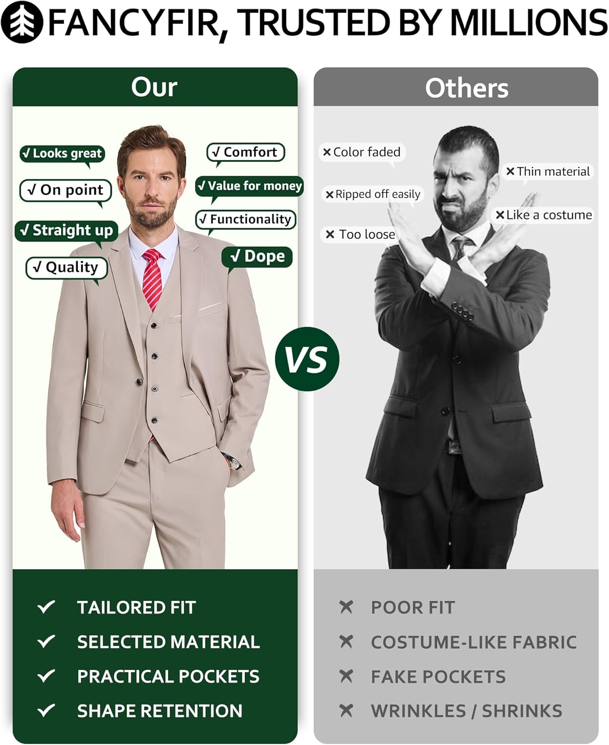 Men's 3 Pieces Suit, Solid Slim Fit One Button Blazer Set, Jacket Vest Pants with Tie for Wedding Party Business - Image 5