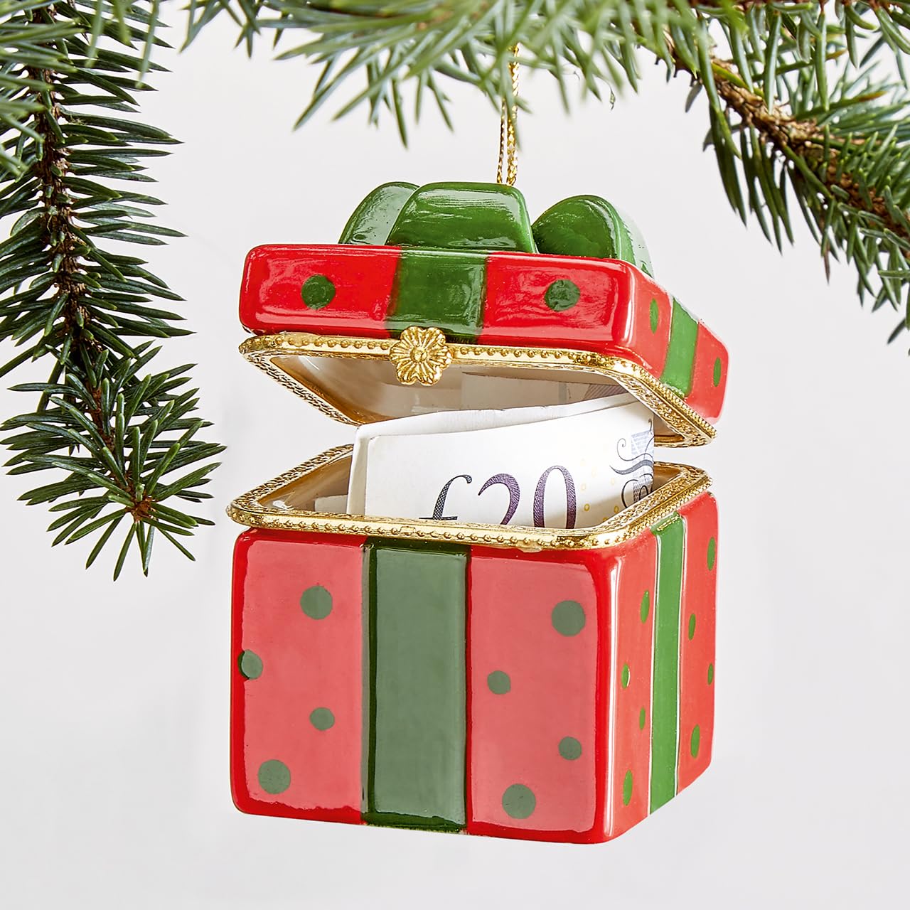 Trinket Box Christmas Tree Ornament – Fine Ceramic Colourful Hand Painted Ribbon Tied Festive Xmas Gift Present Decoration Hanging Bauble with Hinged Lid & Gilded Edge - Measures H7 x W5 x D5cm