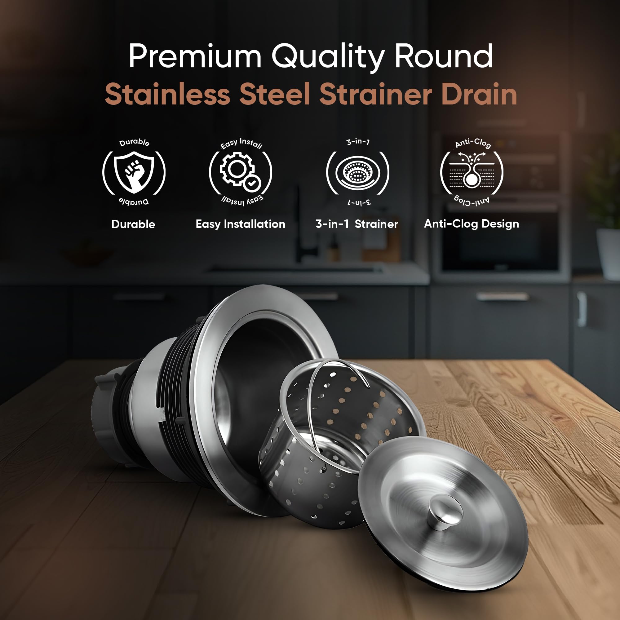 Lexicon 3.5 Inch Stainless Steel Kitchen Sink Strainer - Drain Strainer Basket Assembly With Stopper