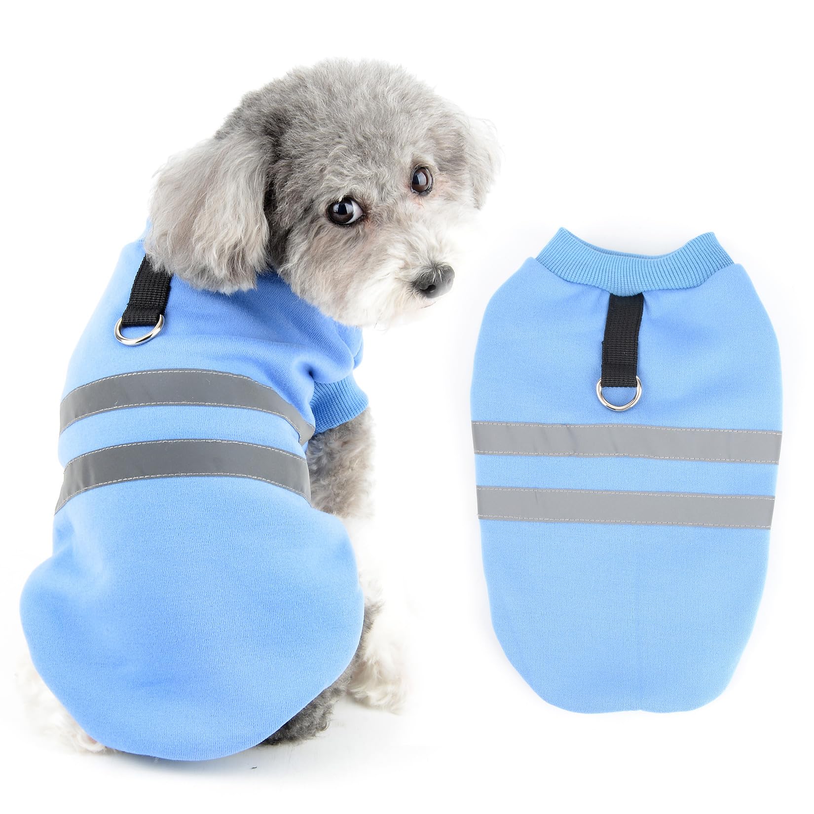 Ranphy Fleece Dog Jumpers for Small Dog Solid Pet Sweater with Reflective Stripe and D-ring Soft Autumn Winter Puppy Sweatshirt Chihuahua Yorkie Pullover Cat Apparel,Blue,XS