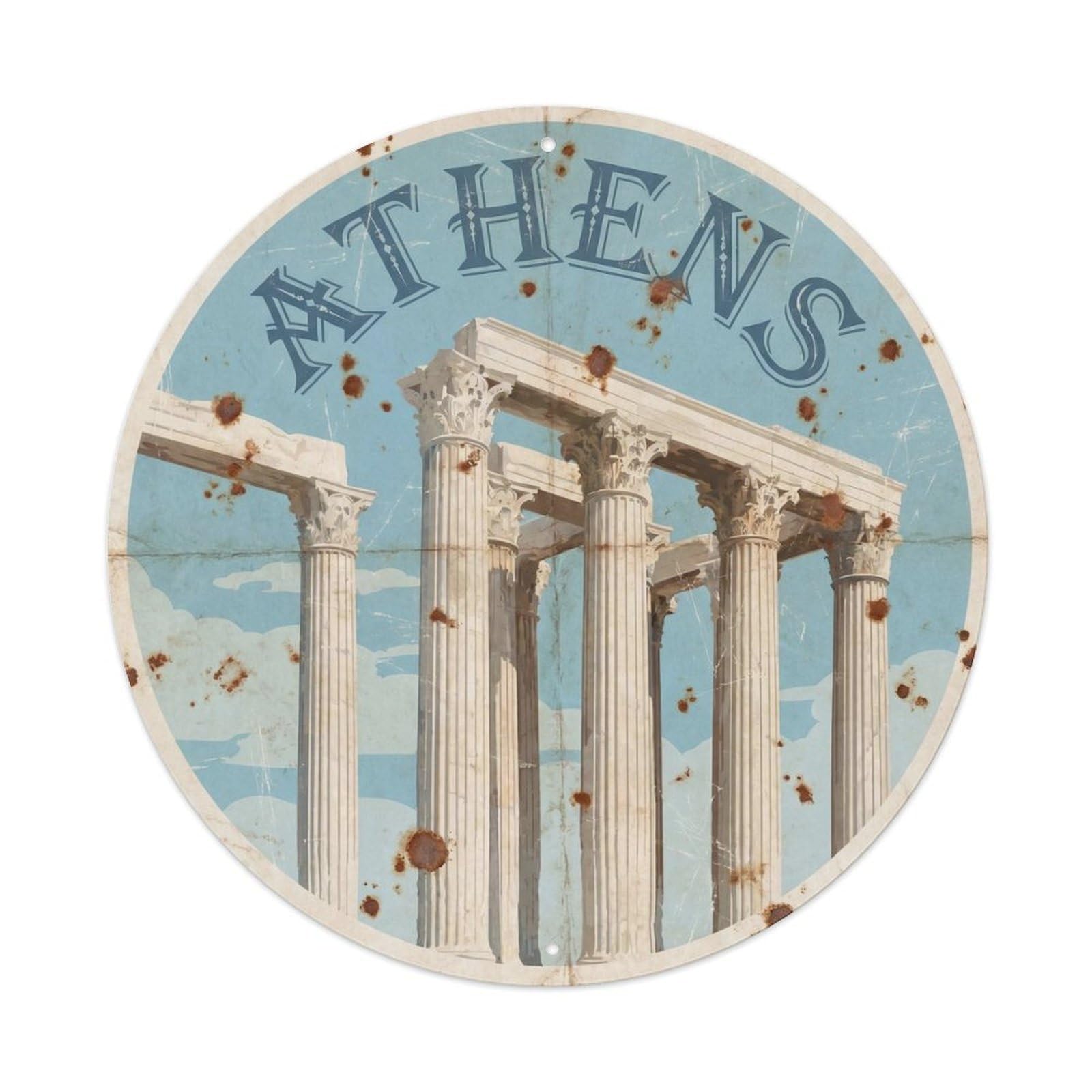 Vintage Travel Athens Temple Zeus Metal Tin Sign Plaque Wall Decor for Cafe, Club Bar, Office, Home Garden Round Metal Poster 8x8Inch