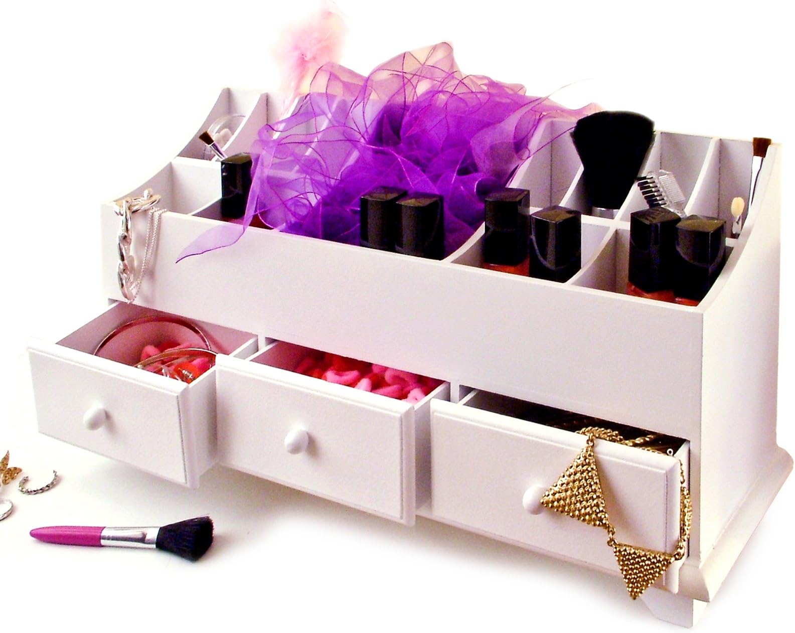 Great Ideas Wooden Desk Tidy / Caddy With Three Drawers And 13 Organiser Compartments - Desktop Home Office Pen Holder - Also Ideal For Storage In Children's Bedrooms And Storing Make Up / Cosmetics - Sleek White Painted Wood