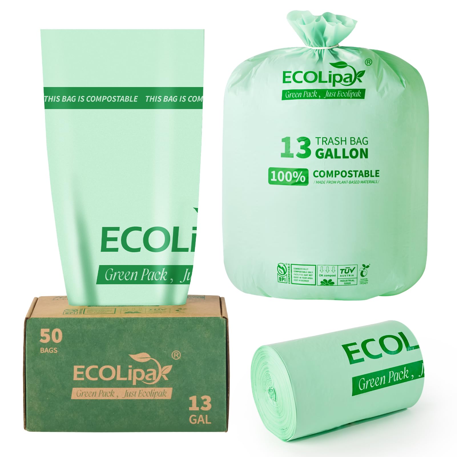 ECOLipak 13 Gallon Compostable Trash Garbage Bags, 50 Count (1 Roll) Biodegradable Heavy Duty Bathroom Kitchen Trash Bags for Home/Office, US BPI ASTM