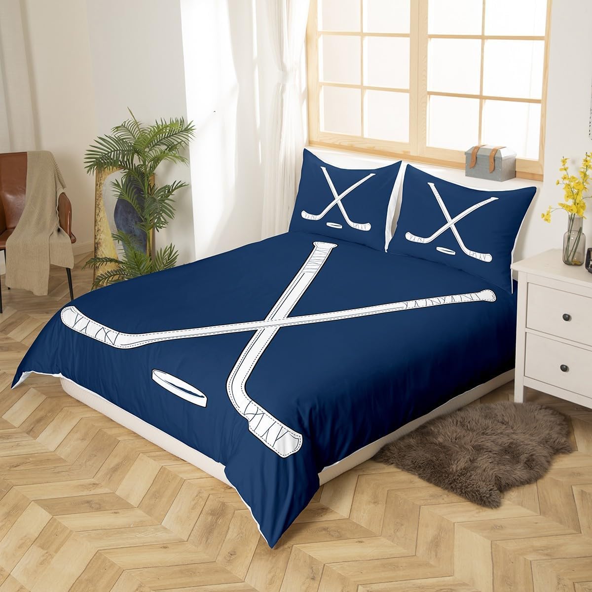 Poszwa na kołdrę Łóżko 135 Hokej na lodzie 3D Poszewka na kołdrę Edredon 220 x 220 cm Kij hokejowy Lekki Oddychający Pościel z zamkiem błyskawicznym i 2 poszewkami na poduszki B-8530