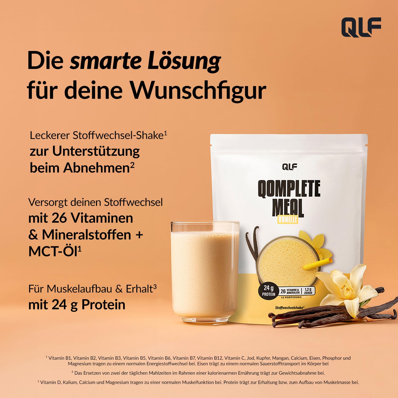 QLF - Qomplete Meal Vanille 900 g - Stoffwechsel-Shake* mit 24 g hochwertigem Protein - 26 Vitaminen & Mineralstoffen - Mahlzeitenersatz zur Unterstützung beim Abnehmen**