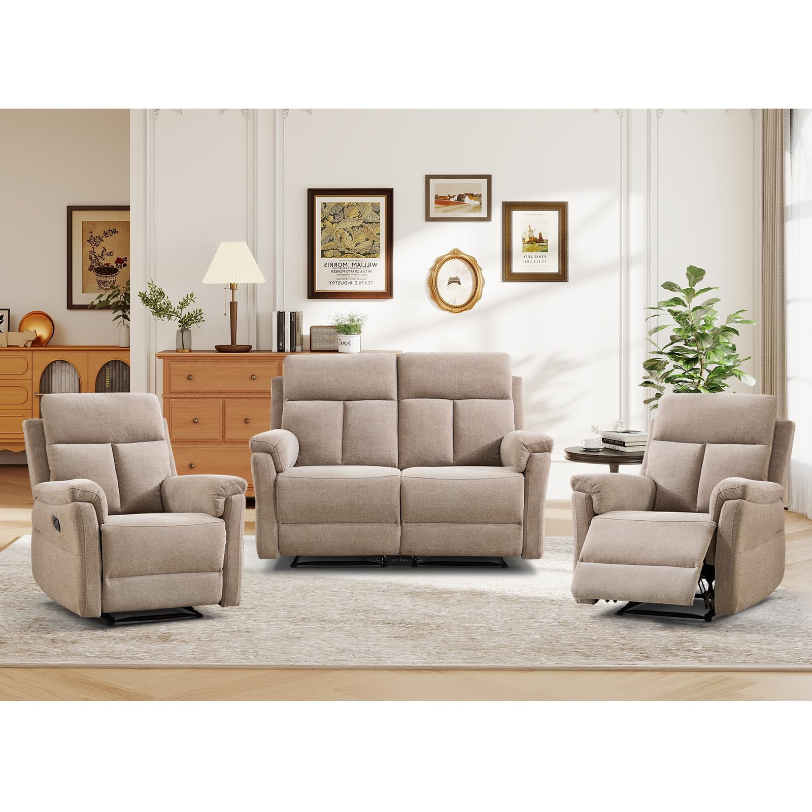 ANJ 3-Piece Manual Recliner Sofa Set, Include Two Recliner Chairs and One Reclining Loveseat with Overstuffed Backrest and Supportive Backrest, Fabric Reclining Couch Set for Living Room, Camel