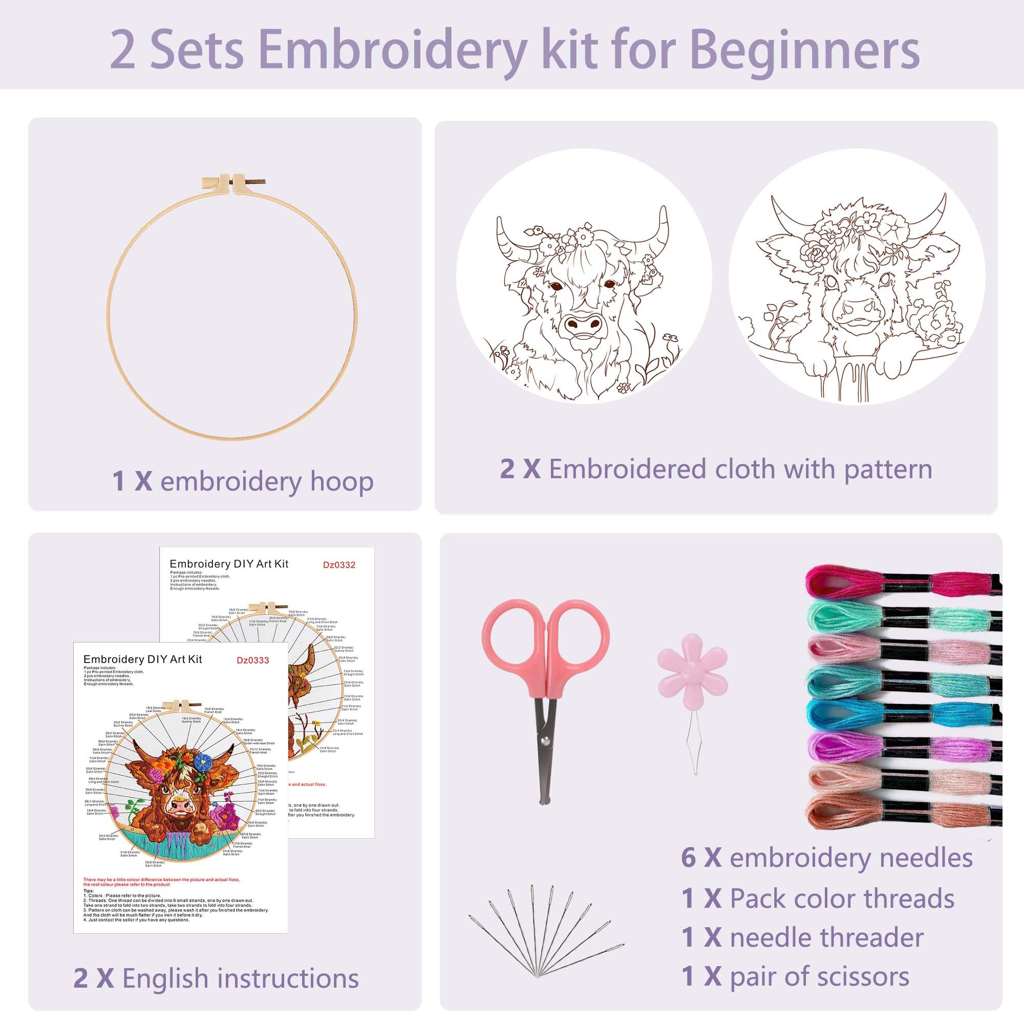 Offizon 2 PCS Embroidery Kit for Beginners, Cross Stitch DIY Craft Set, Embroidery Accessories & Hoop Included - Image 2