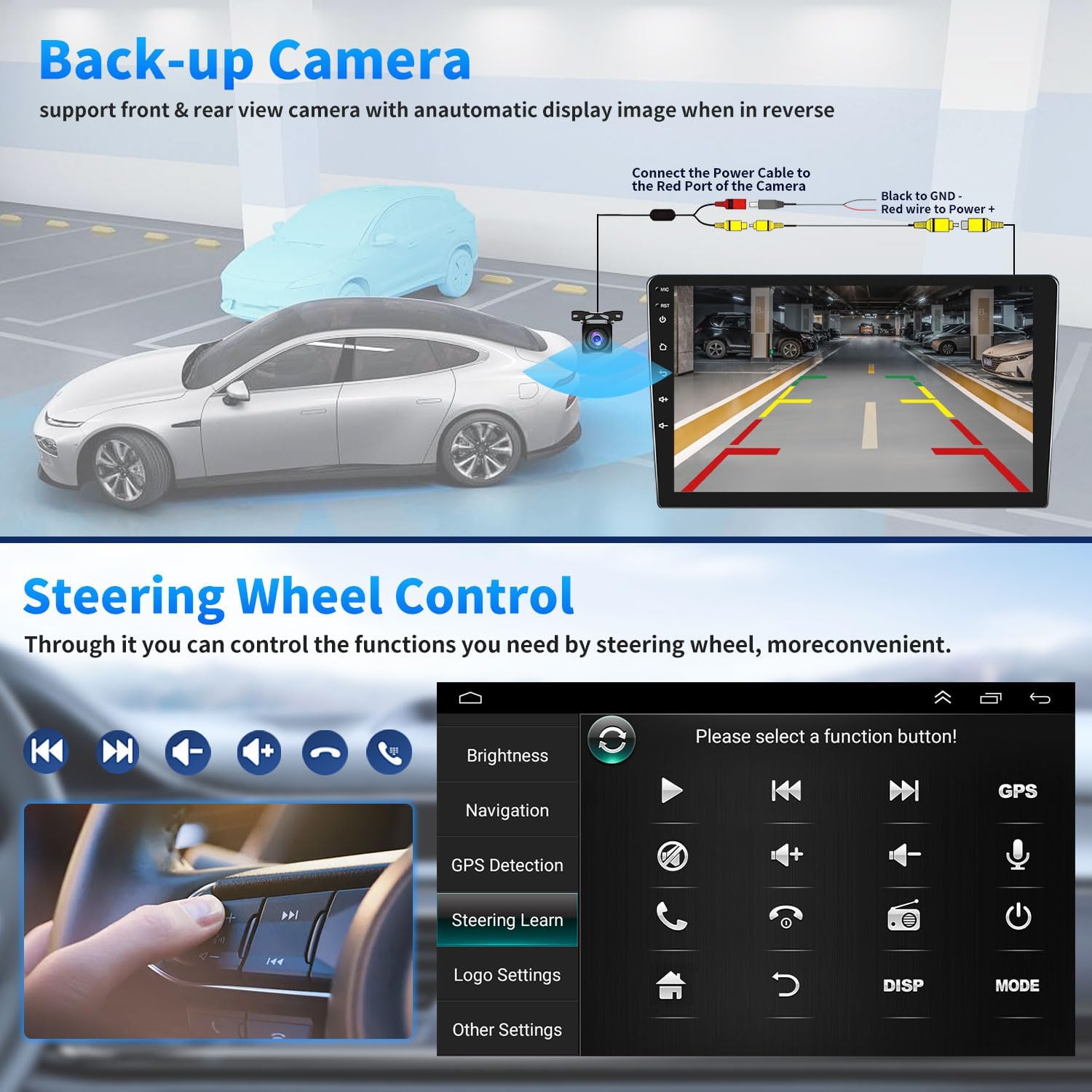 Whakaahua e whakaatu ana i te whakaaturanga reo irirangi o te motuka me te kāmera tārua view, including parking guidelines, and a small inset of the camera itself.