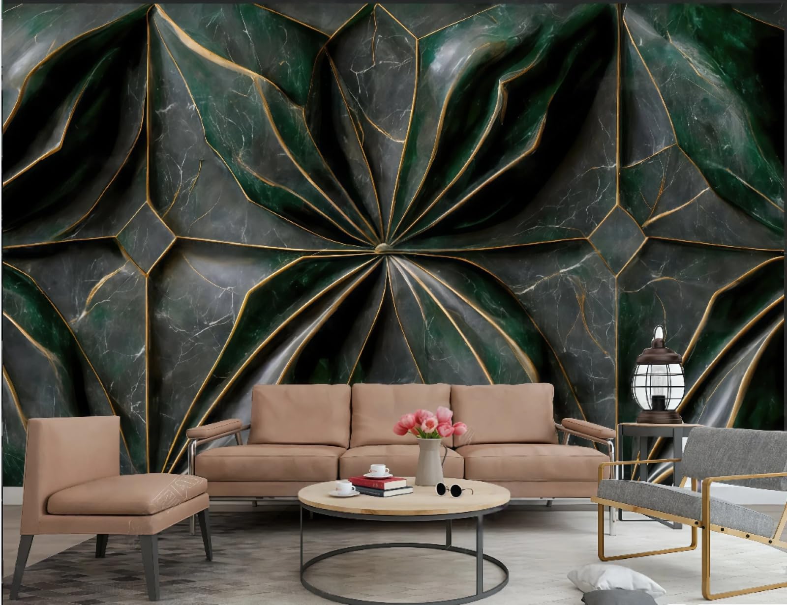 Tapeta trójwymiarowa złota linia romb skała relief abstrakcyjny kamień szlachetny zielony marmurowy wzór TV sofa tło tapeta ścienna salon restauracja kawiarnia mural, 3D, 200 x 140 cm