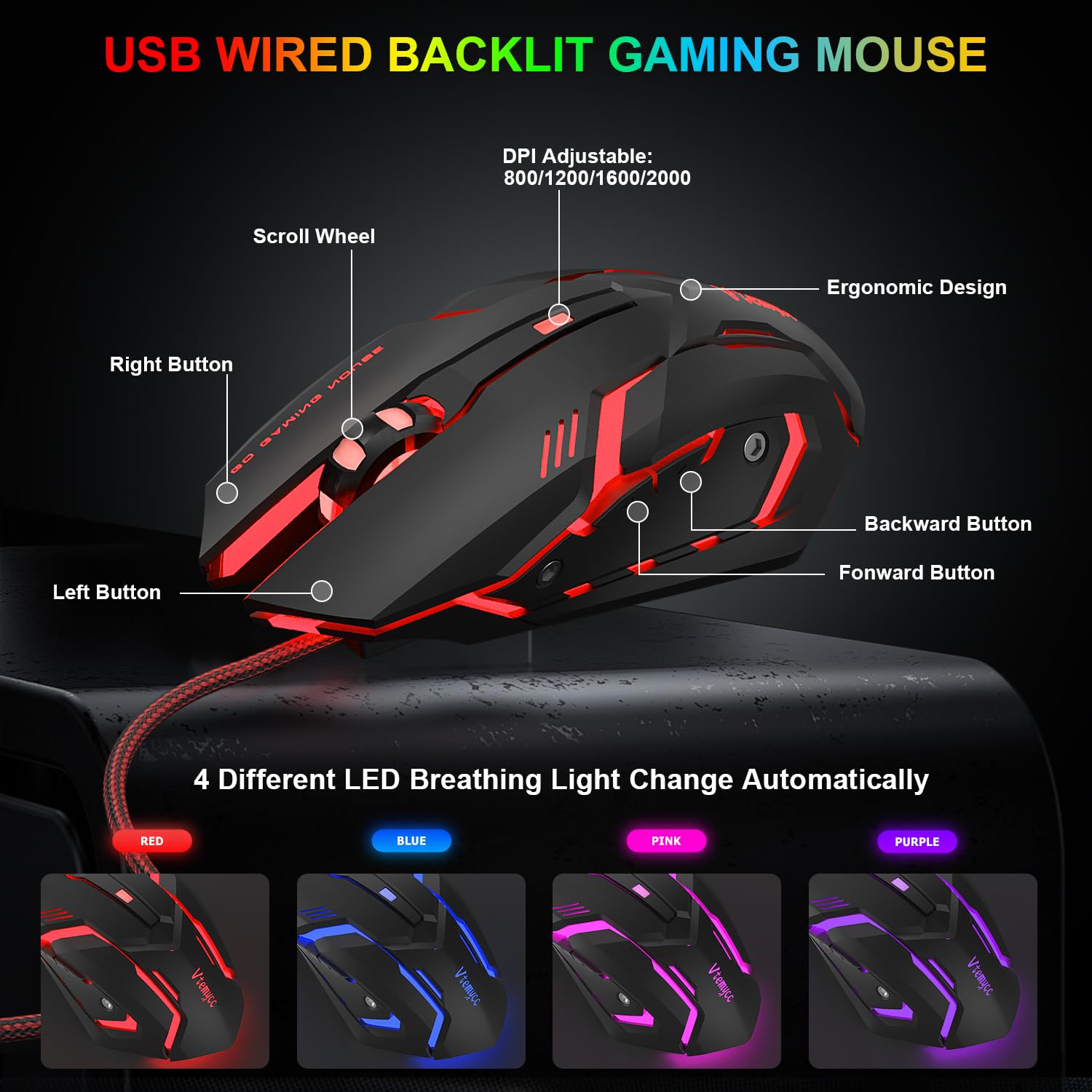 Gaming Tastatur und Maus Set, QWERTZ DE Layout, RGB Hintergrundbeleuchtung Tastatur Beleuchtet, 4 Farben Ergonomische Gaming Maus, USB Kabelgebundene Tastatur Maus mit Mauspad für PC, Mac