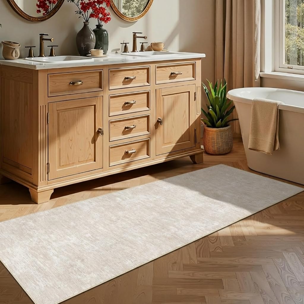 GarveeHome 2x6 Runner Rug Modern Washable Kitchen Rugs, Non Slip Non Shedding Solid Color Accent Rug Stain Resistant Low Pile Floor Cover, Contemporary Foldable Thin Mats for Bathroom, Hallway, Beige