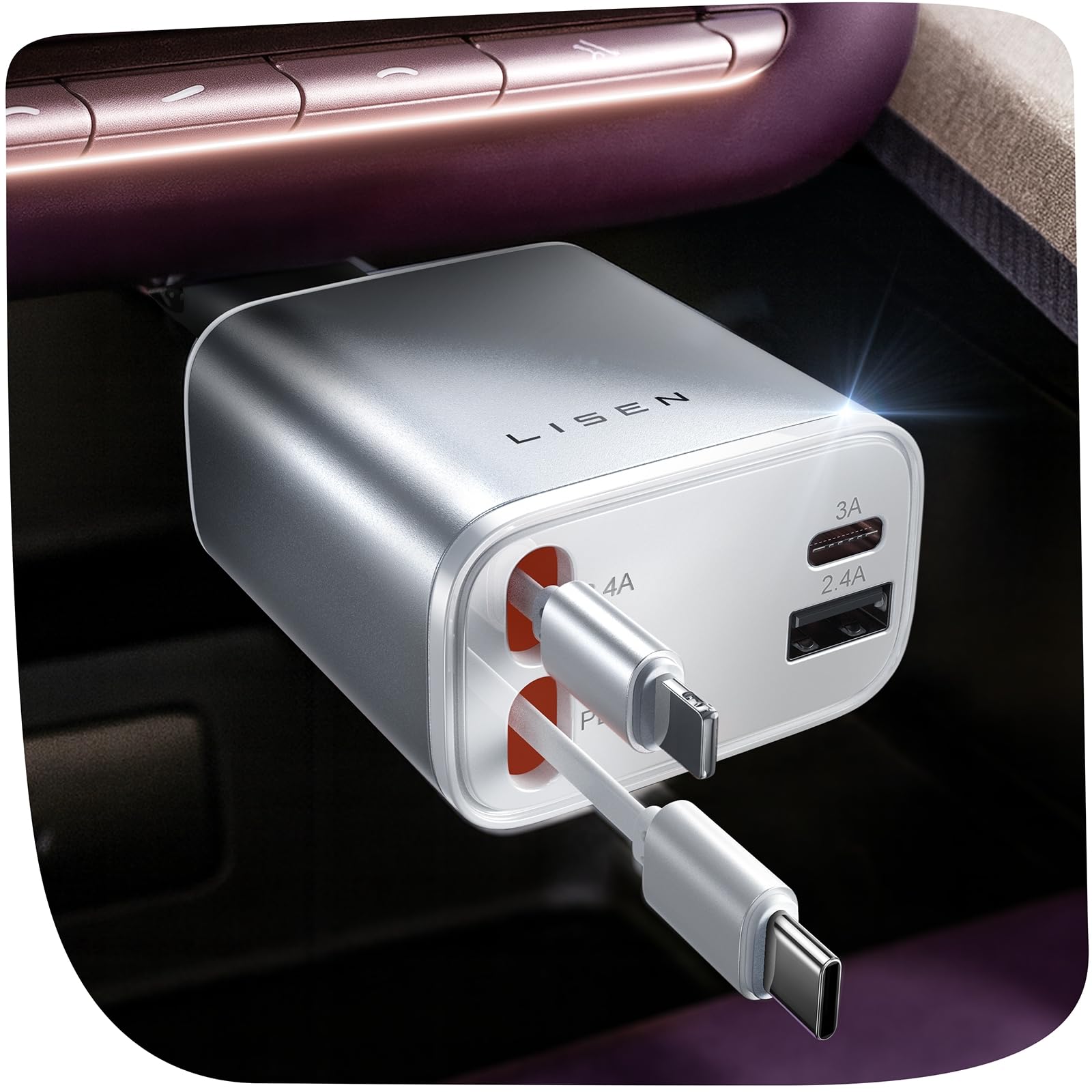 LISEN Retractable Car Charger for iPhone, for iPhone 17 Pro Max 16 15 14 13 12 Plus Mini, Cute 4 in 1 Retractable USB C Car Charger Fast Chareg for Women Men, 84W Fast Charging Car Accessorie | Multiple Ports Car Charger, Retractable Car Charger Fast Charge for iPad, for Samsung, Car Accessories for Men Women