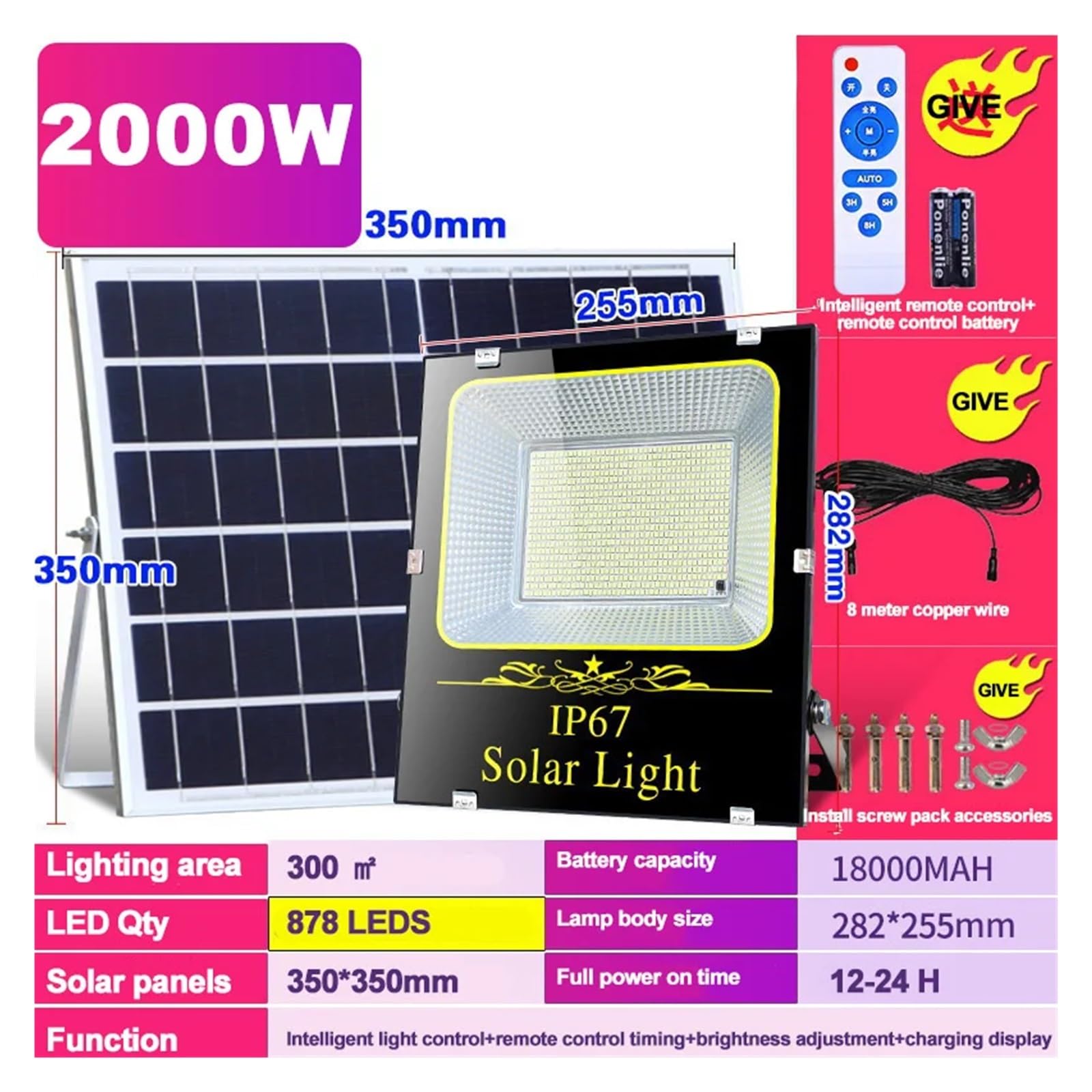 Lampa solarna zewnętrzna, 2000W lampa LED typu Flood światła słoneczne ogrodowa lampa LED Refletor budynki światło słoneczne wodoodporna lampa reflektor awaryjna lampa ścienna