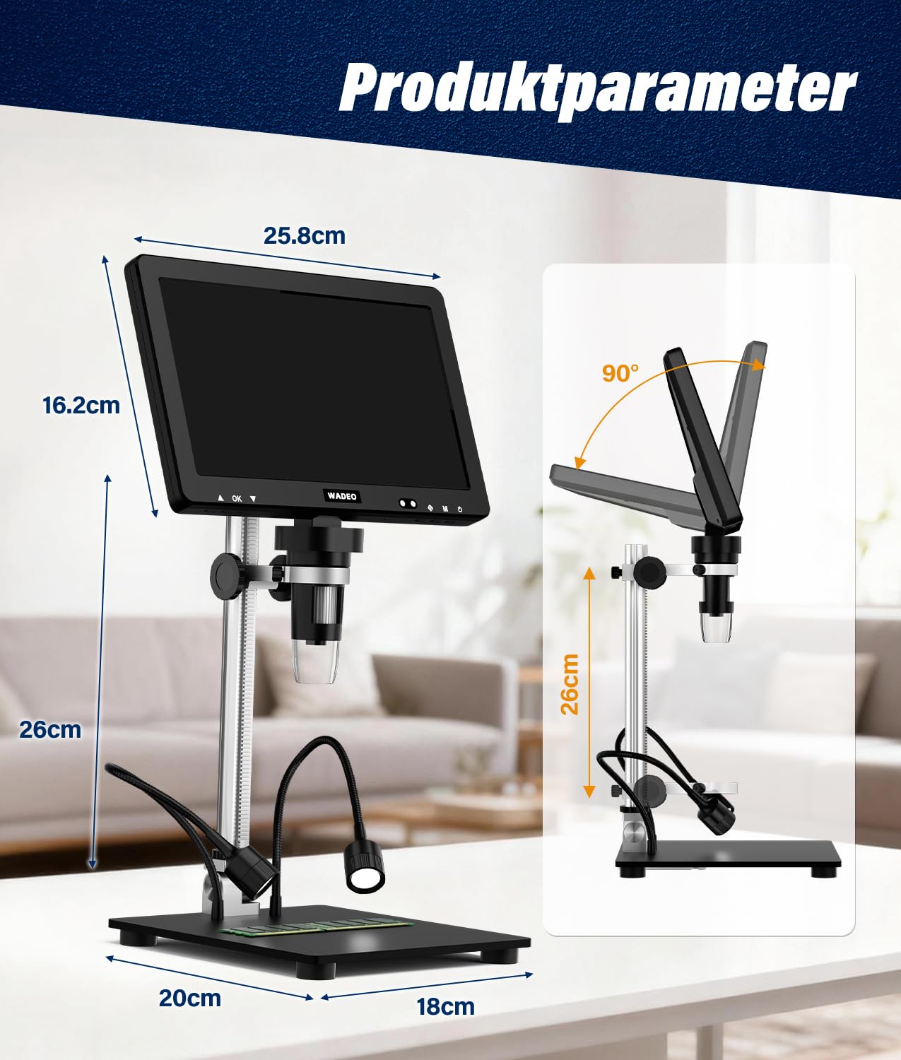 WADEO 10,1-Zoll-LCD-Digitalmikroskop 1500x inkl. 32GB Karte, Tragbares Mikroskop USB-Digitalmikroskop Lötmikroskop mit 8 LEDs und Metallständer, MacOS Windows kompatibel, für Reparaturen und Löten