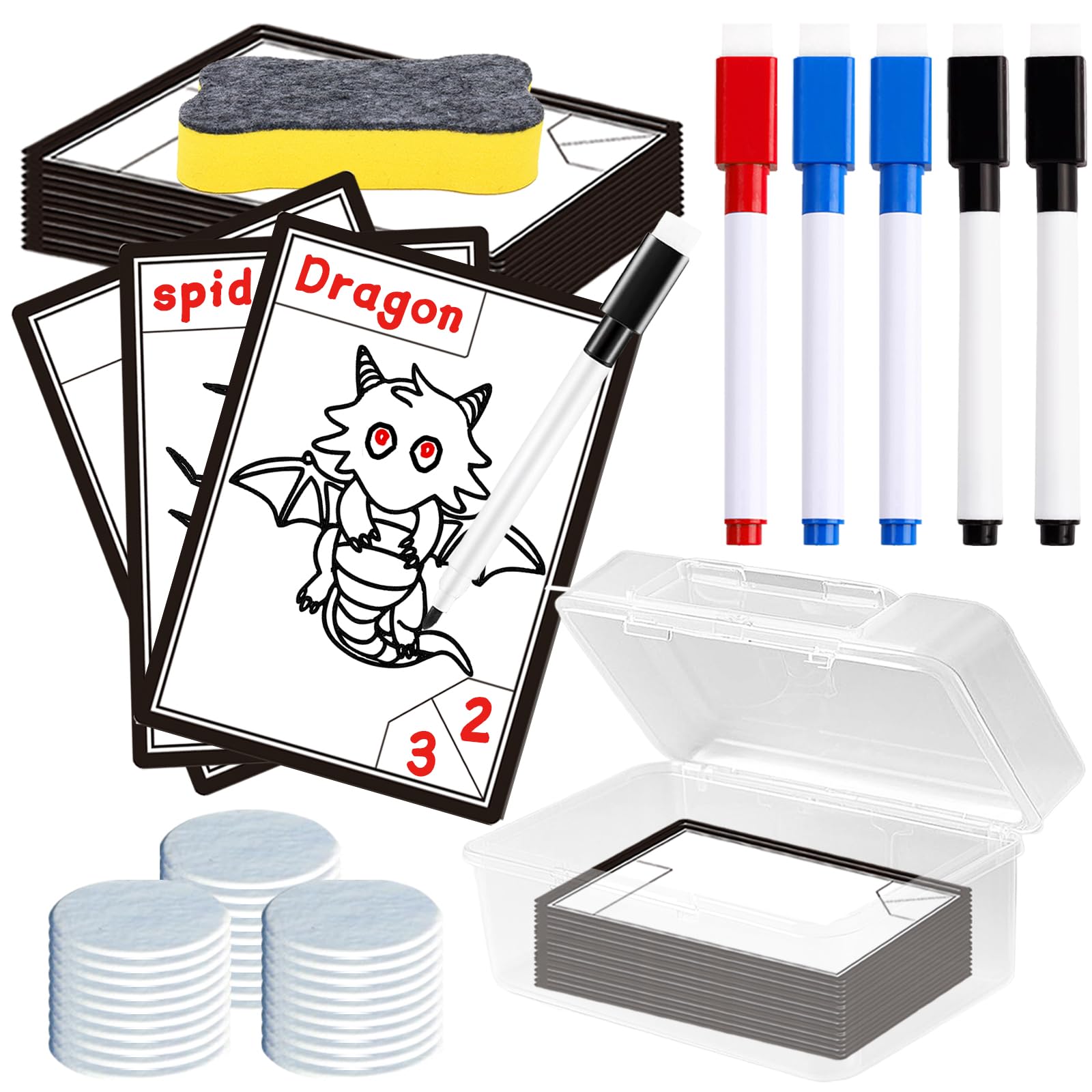 66Pcs Dry Erase Cards Set 30Pcs Reusable Dry Erase Tokens Double-Sided Blank Index Card for Magic DIY Games Tokens, 30 Plastic Tokens & 5 Markers & 1 Eraser in Box