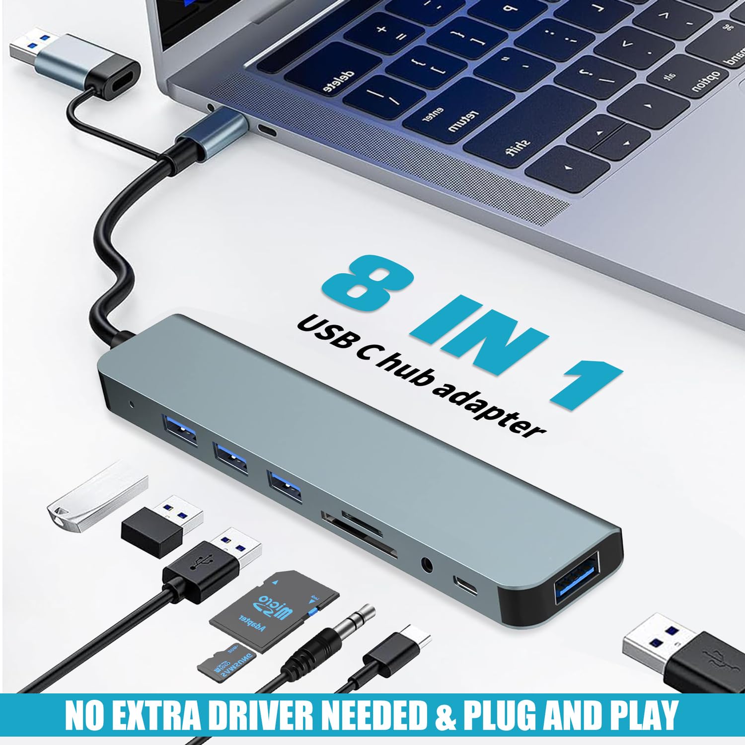 Koncentrator USB-C 8 w 1: 4 USB-A, czytnik kart SD/TF, gniazdo słuchawkowe, adapter wieloportowy do smartfonów, laptopów, iPada Pro, przełącznik