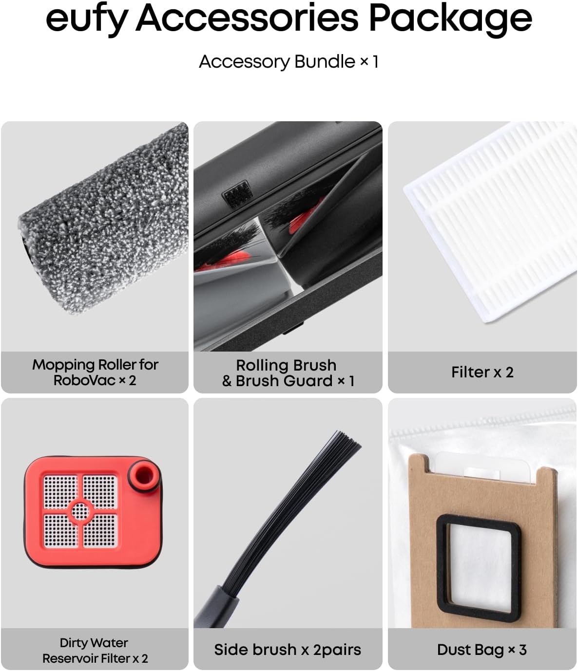 eufy Replacement Kit for C28, Side Brush ×2, Dirty Water Tank Filter ×2, Roller Brush Guard ×1, Dust Bag ×3, Roller Mop ×2, Replacement Filter ×2
